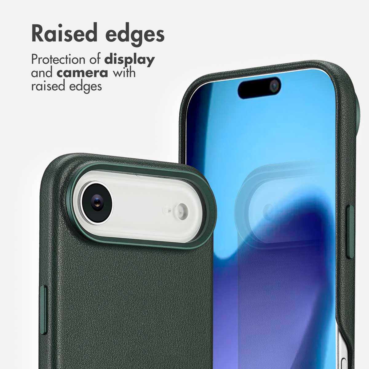 Funda de teléfono verde con bordes elevados para proteger la pantalla y la cámara.