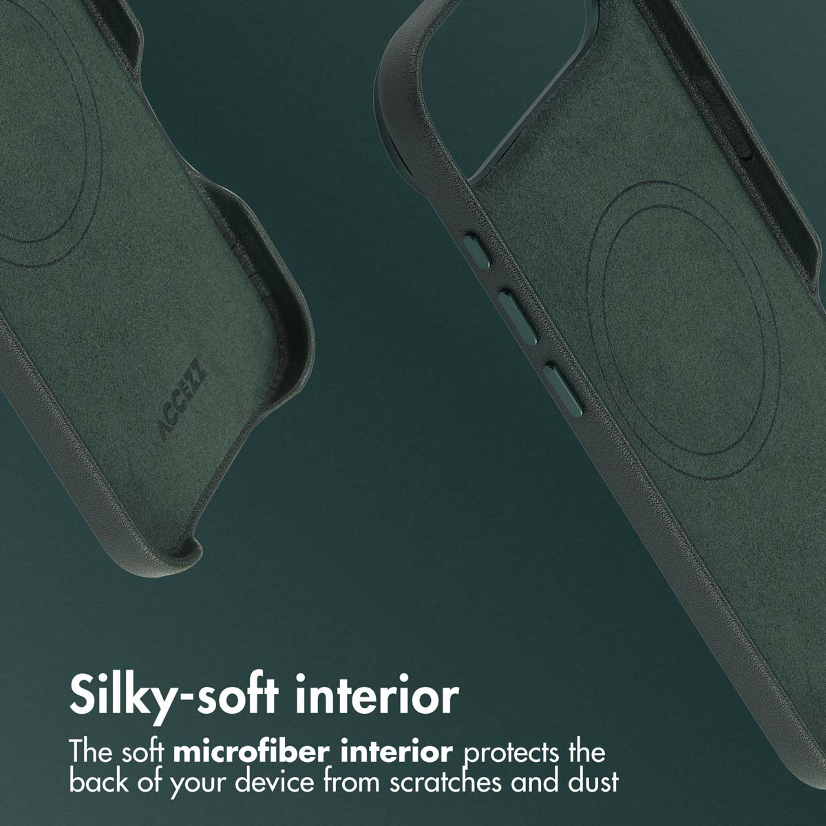 Funda para smartphone verde oscuro con forro interior de microfibra suave y botones integrados.