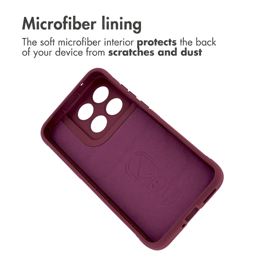 Une coque de téléphone bordeaux avec doublure en microfibre, texte au-dessus indique doublure en microfibre.