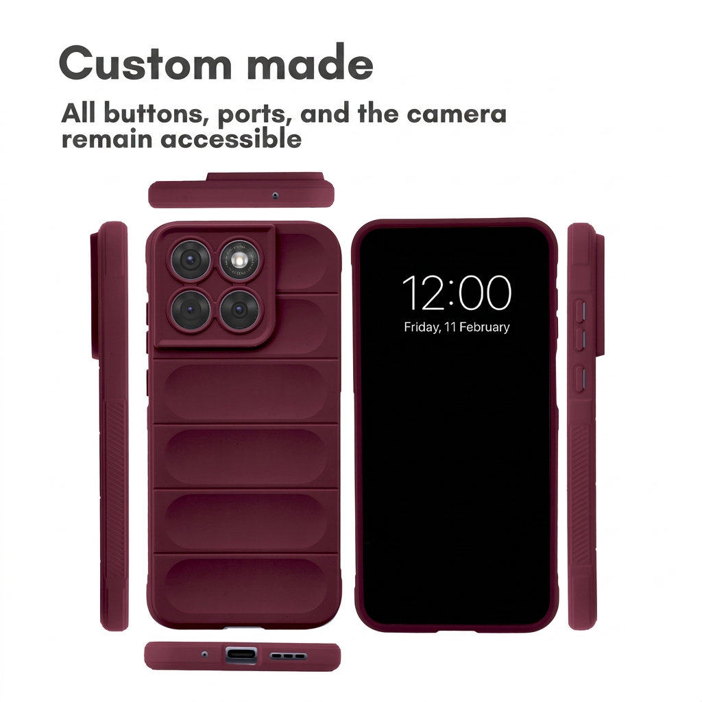 Coque de téléphone rembourrée bordeaux sous plusieurs angles avec boutons et ports.