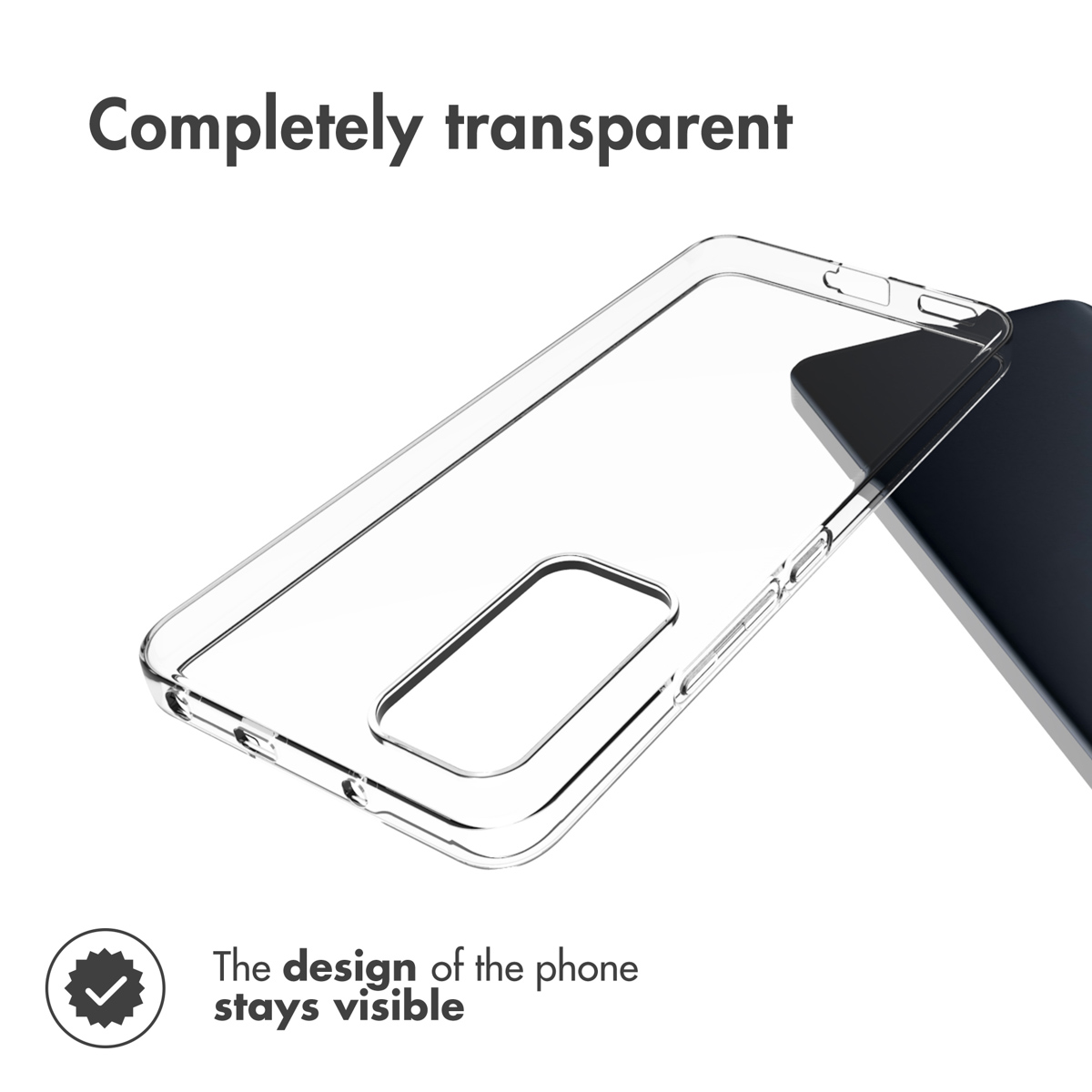 Una funda de móvil totalmente transparente junto a un smartphone oscuro sobre fondo blanco.
