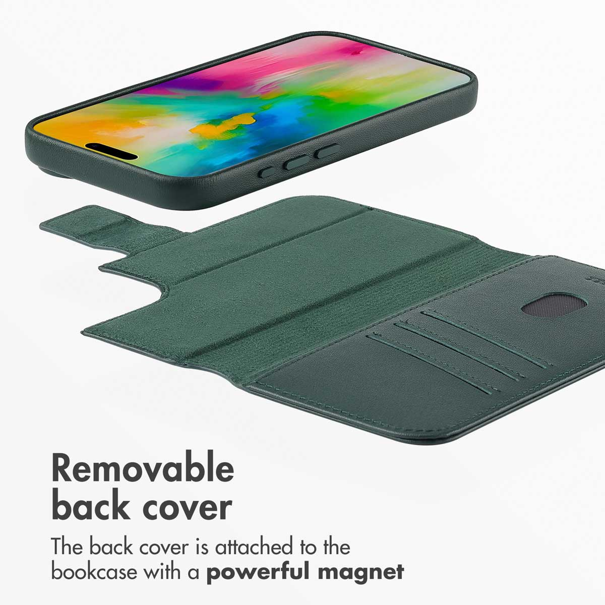 Étui de protection vert pour téléphone avec coque arrière magnétique et texte.