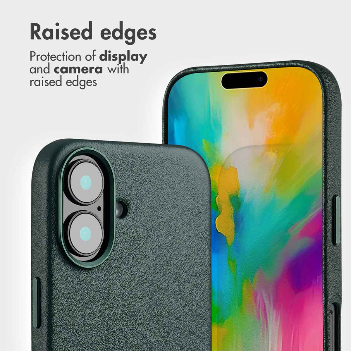 Smartphone dans une coque vert foncé montrant l'appareil photo et l'écran. Texte en haut à gauche.