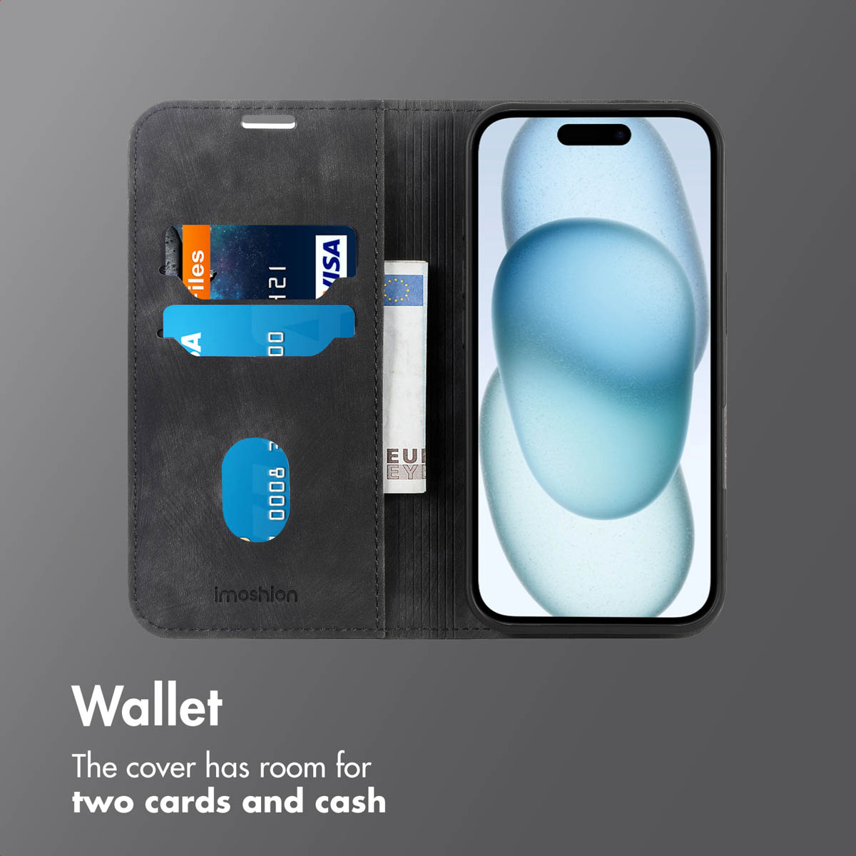 Étui portefeuille en cuir noir avec fentes pour cartes et billets, affichant un smartphone ouvert.