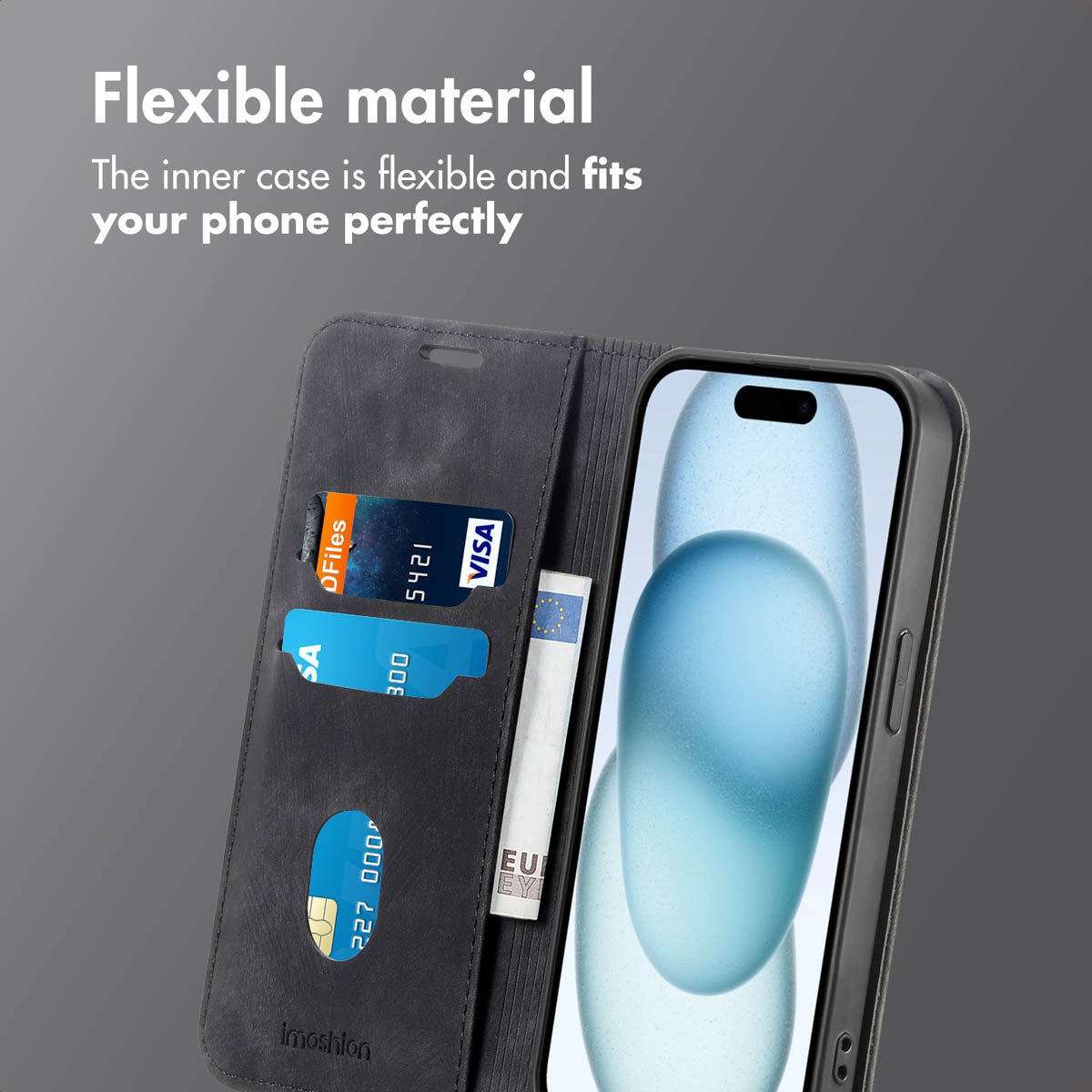 Un étui de téléphone en cuir noir avec fentes pour cartes et un smartphone.