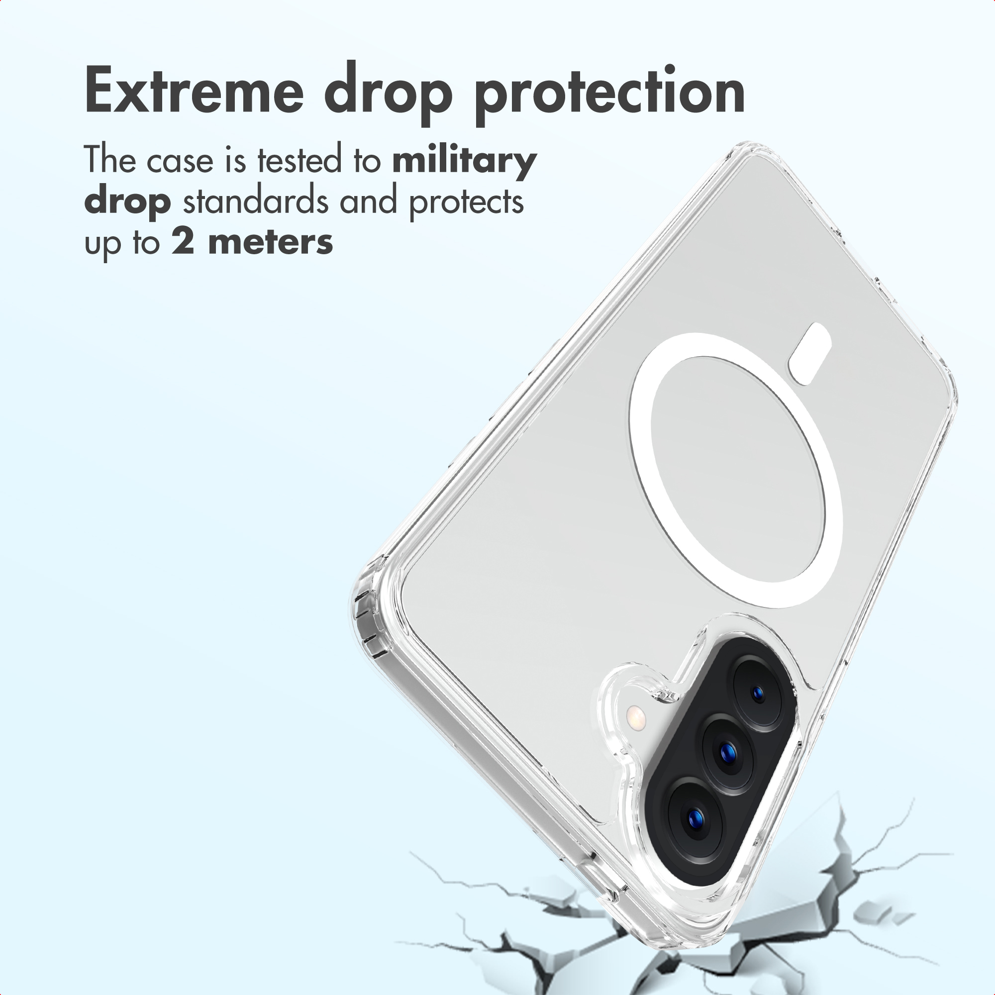 Coque de protection transparente pour smartphone avec anneau magnétique et découpe pour appareil photo.