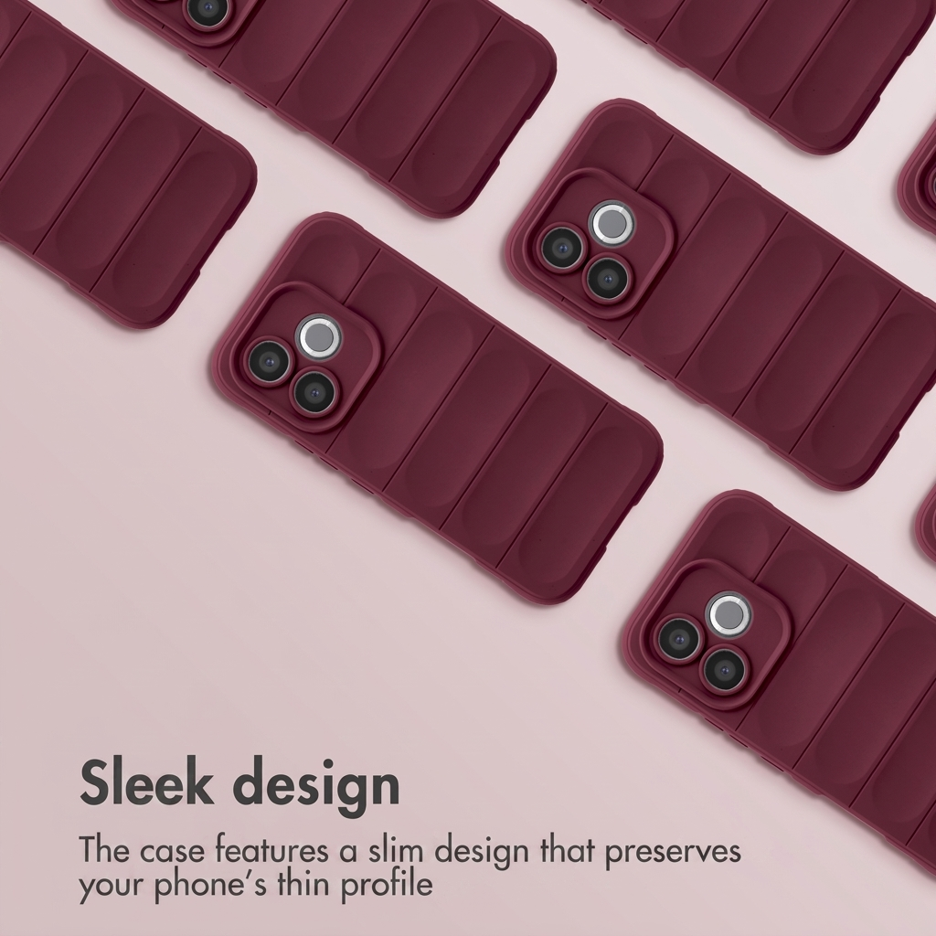 Donkerrode puffer smartphonehoesjes op roze achtergrond met tekst Sleek design.