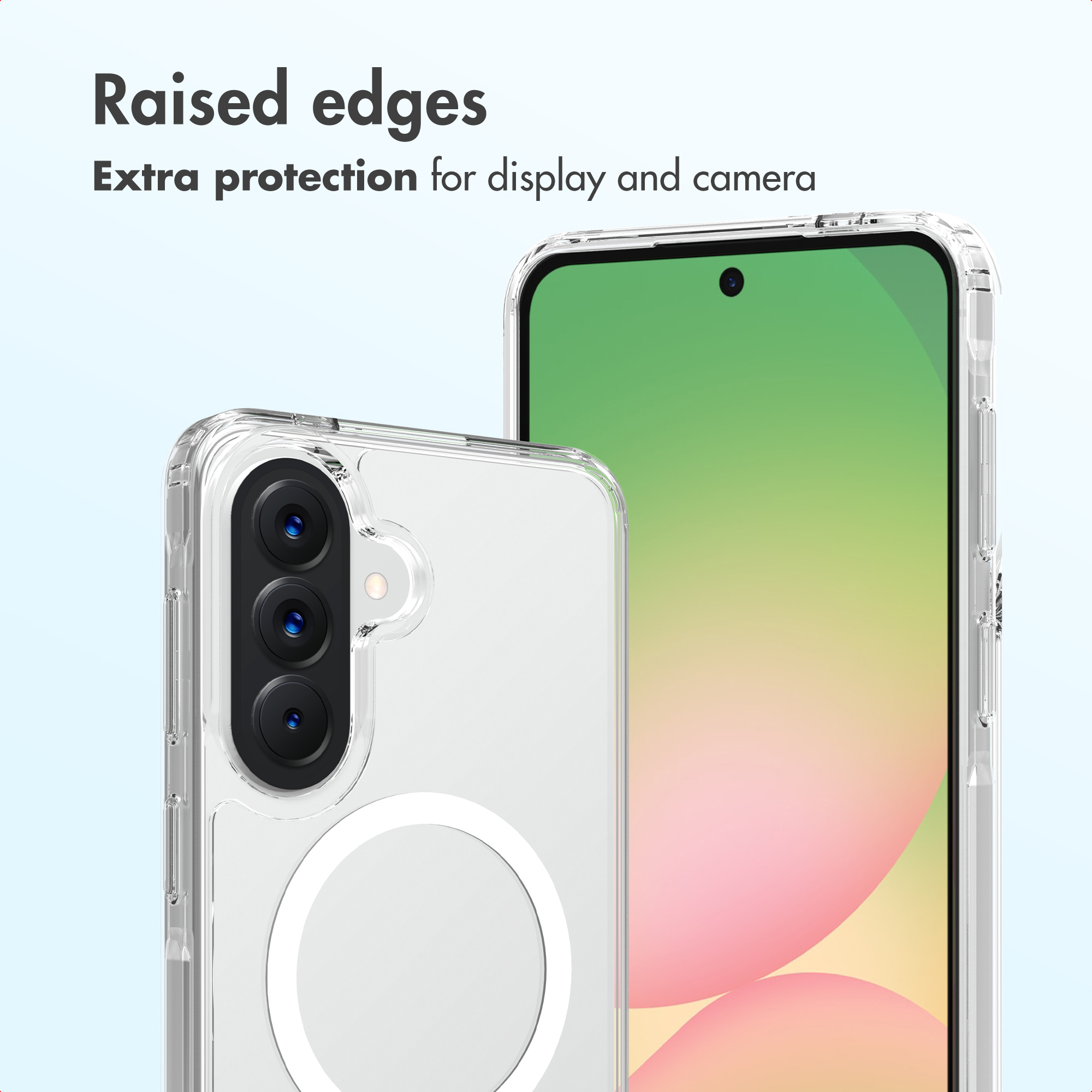 Coque transparente avec bords surélevés pour protéger l'écran et l'appareil photo.