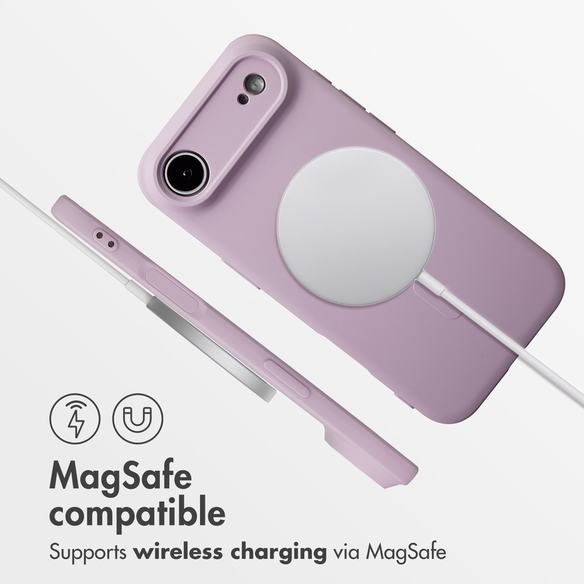 Custodia per telefono viola con caricatore MagSafe collegato e cavo bianco, testo in basso.