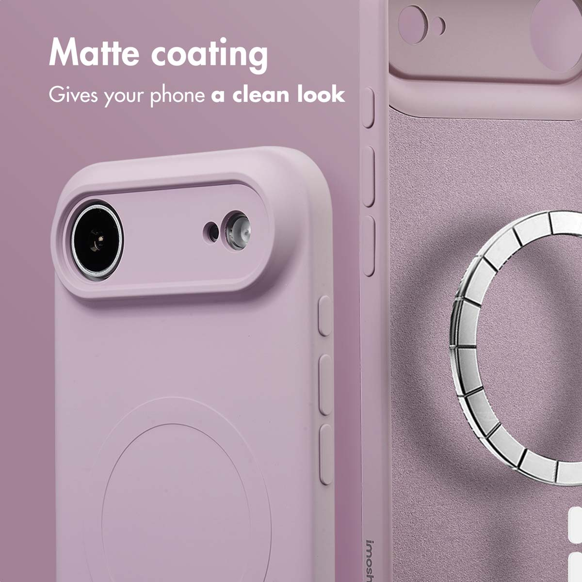Una custodia per telefono viola chiaro con rivestimento opaco, doppia fotocamera e anello magnetico.