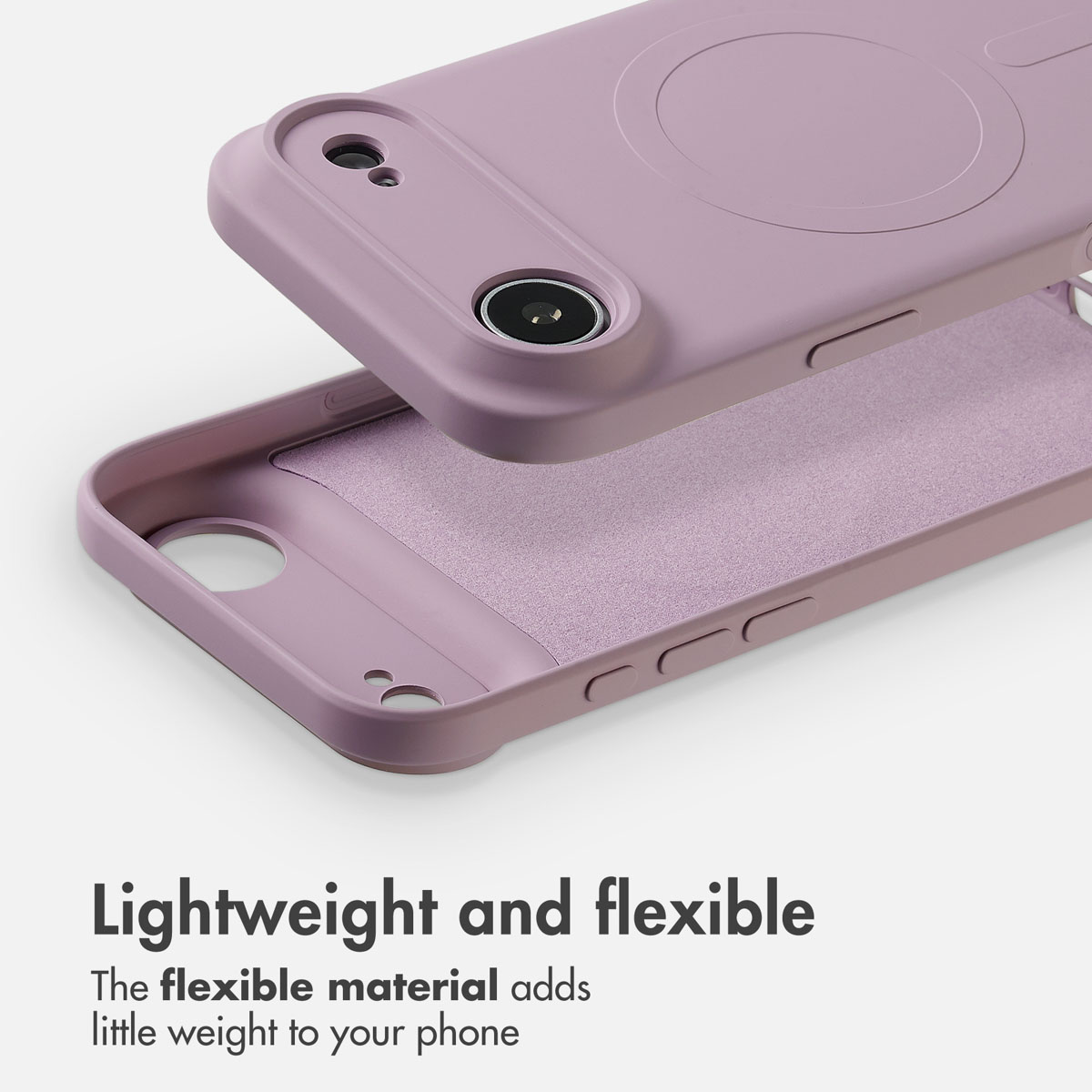 Una custodia per cellulare viola leggera con morbida fodera interna, aperture per fotocamera e anello magnetico.