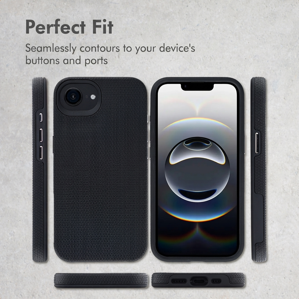 Diverse viste di una custodia protettiva nera con trama per iPhone, che mostra tasti e porte.