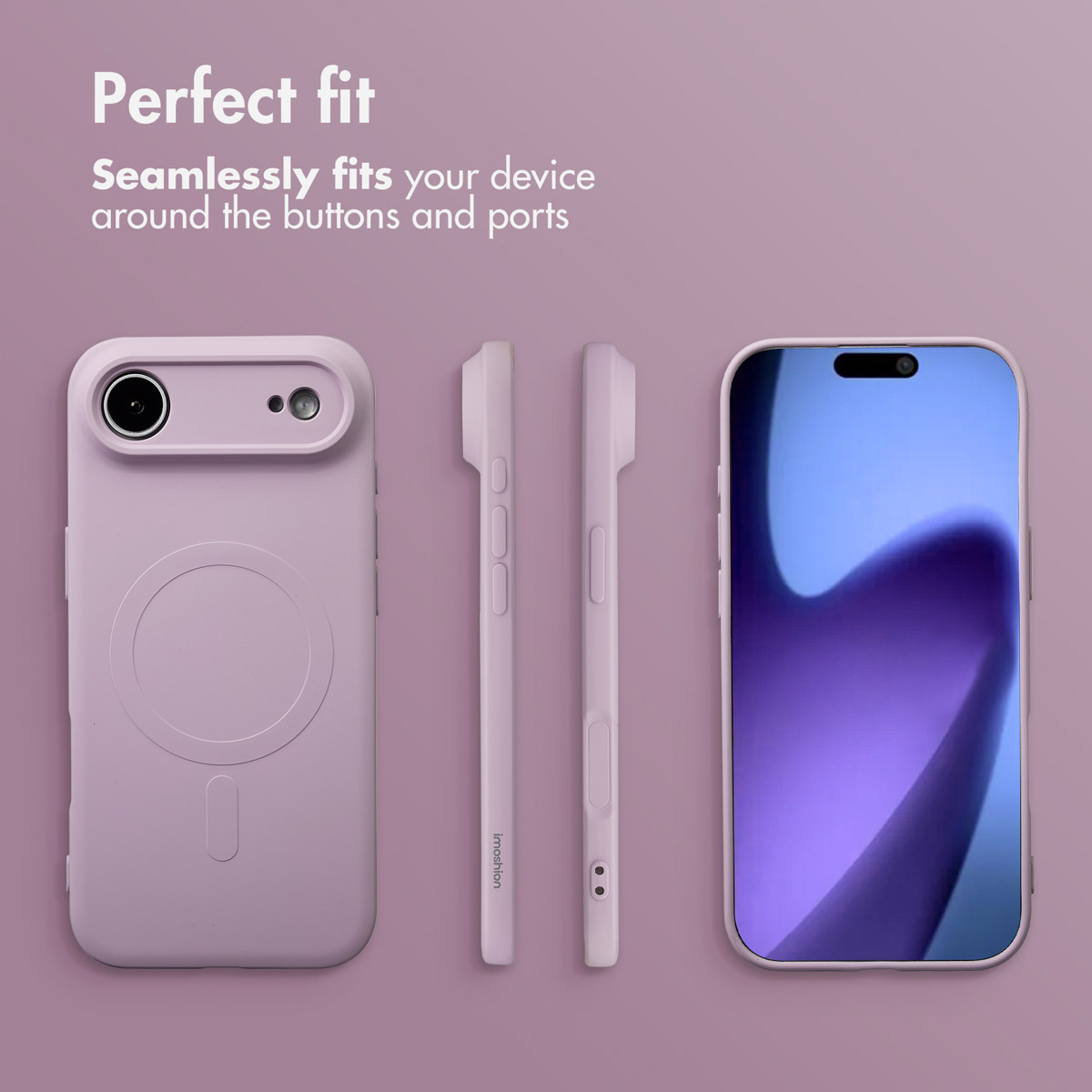 Custodia per smartphone viola da varie angolazioni con testo Perfect fit su sfondo viola.