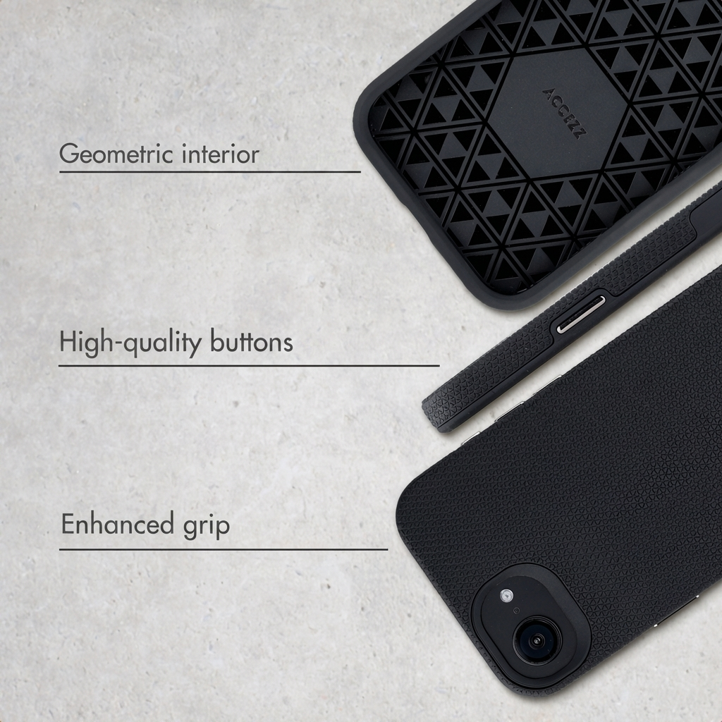 Custodia per telefono nera con interno geometrico, pulsanti e presa strutturata su sfondo grigio.