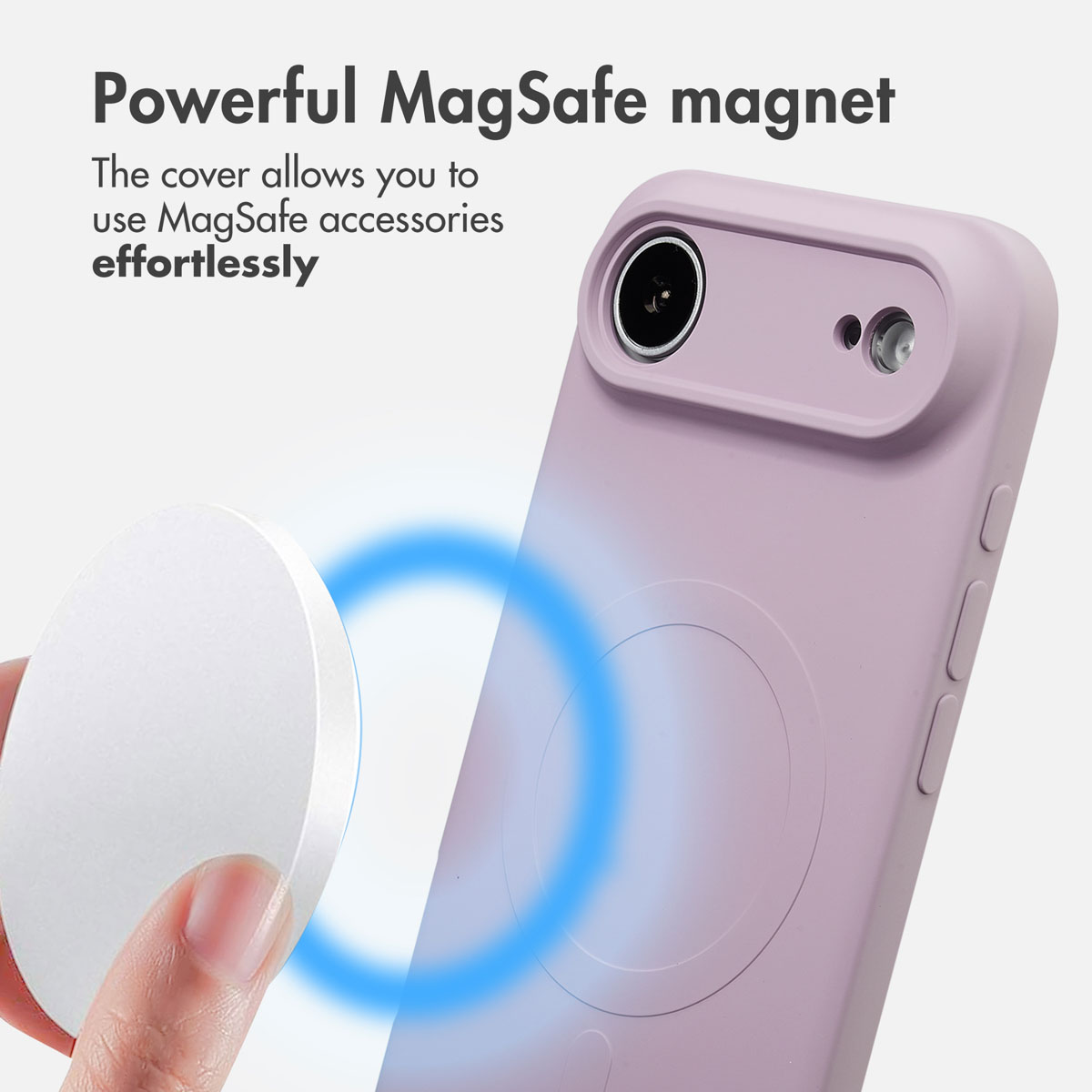 Una custodia per telefono viola mostra un magnete MagSafe che si allinea con un accessorio.