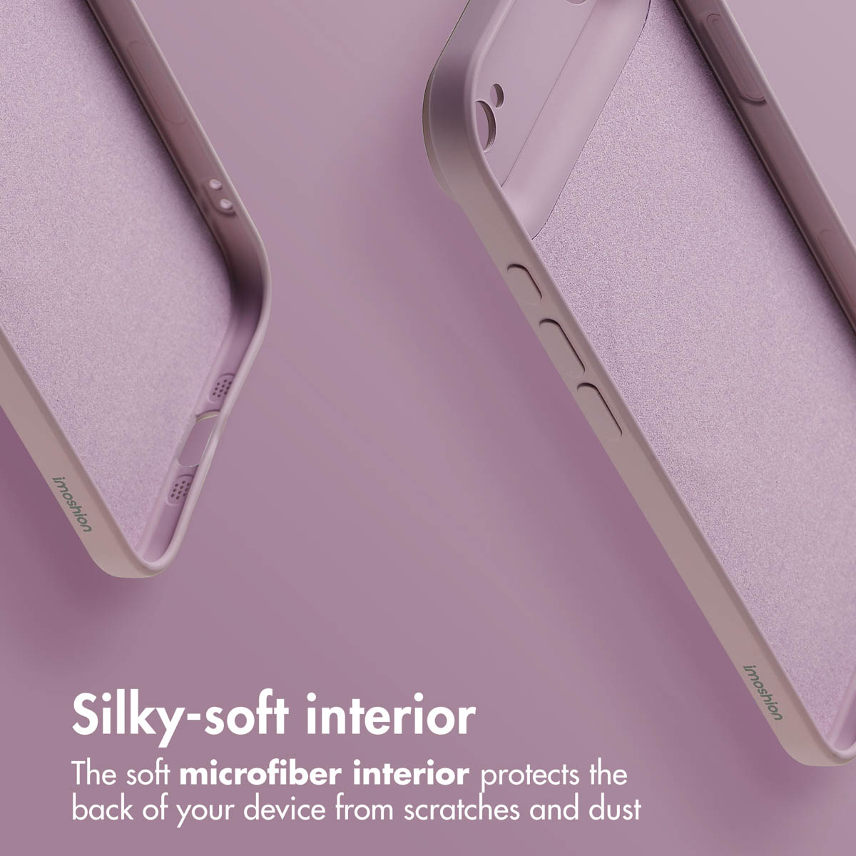 Due cover viola per telefono con morbida fodera in microfibra su sfondo viola con testo bianco.
