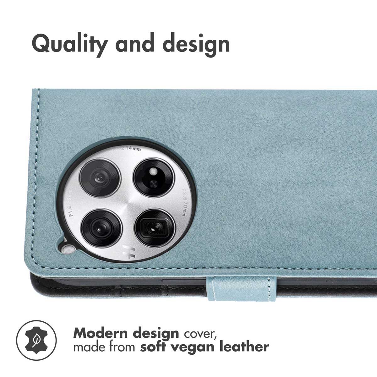 Blaue vegane Lederhülle mit kreisförmiger Kameraaussparung und Text.