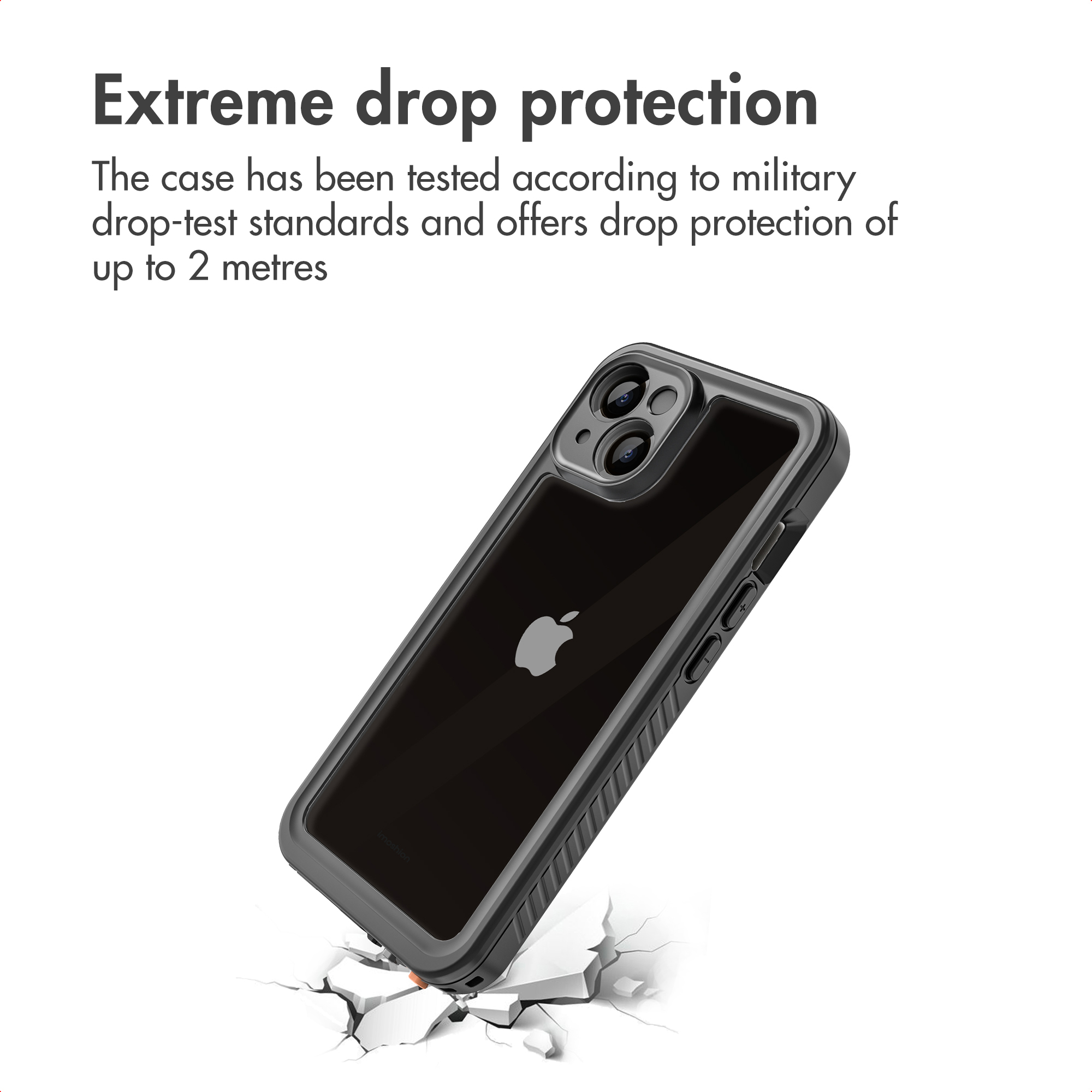 Een zwarte smartphone in een stevige hoes staat op een gebarsten wit oppervlak met tekst.
