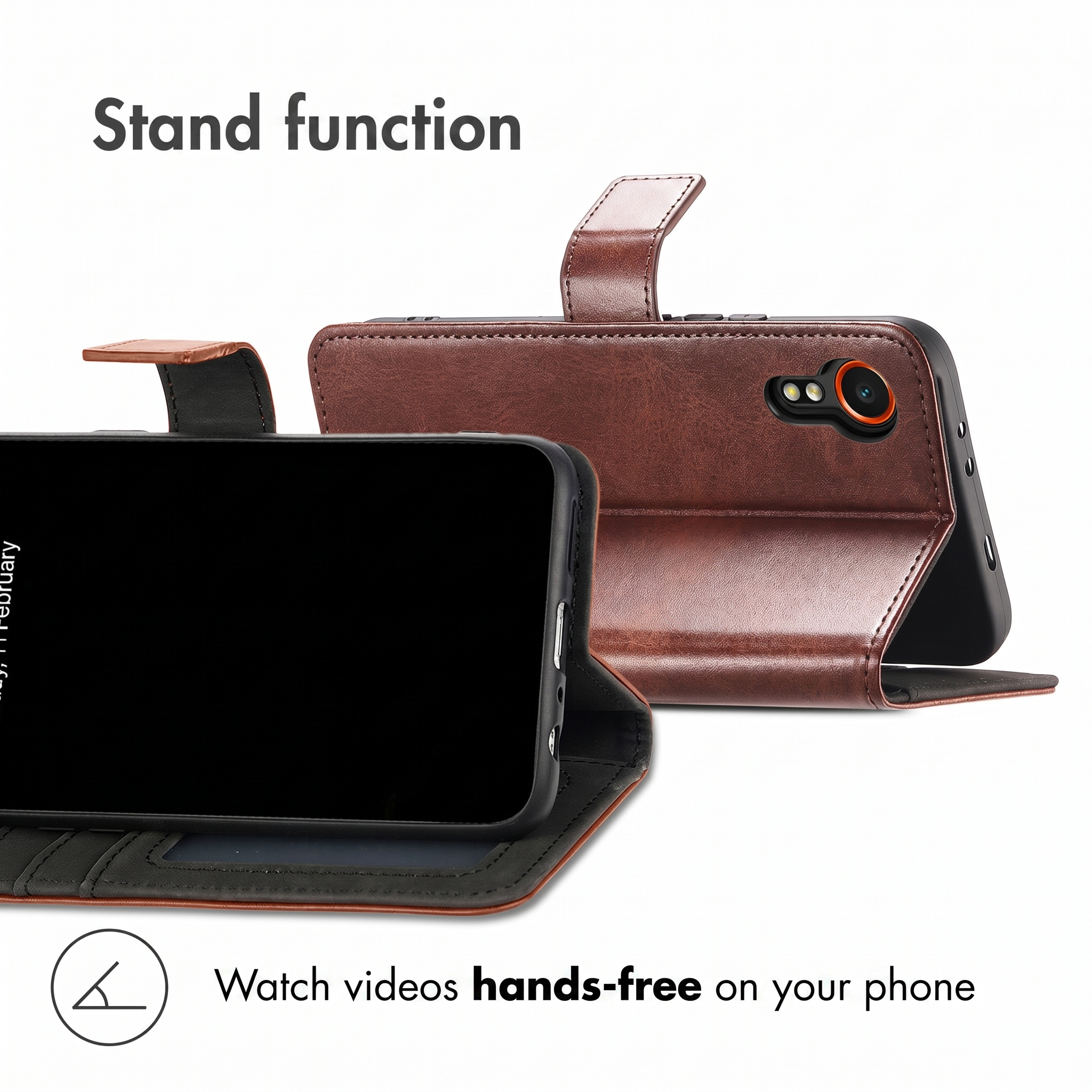 Zwei braune Leder-Handyhüllen im Querformat als Ständer, Text "Stand function" und "Watch videos hands-free".
