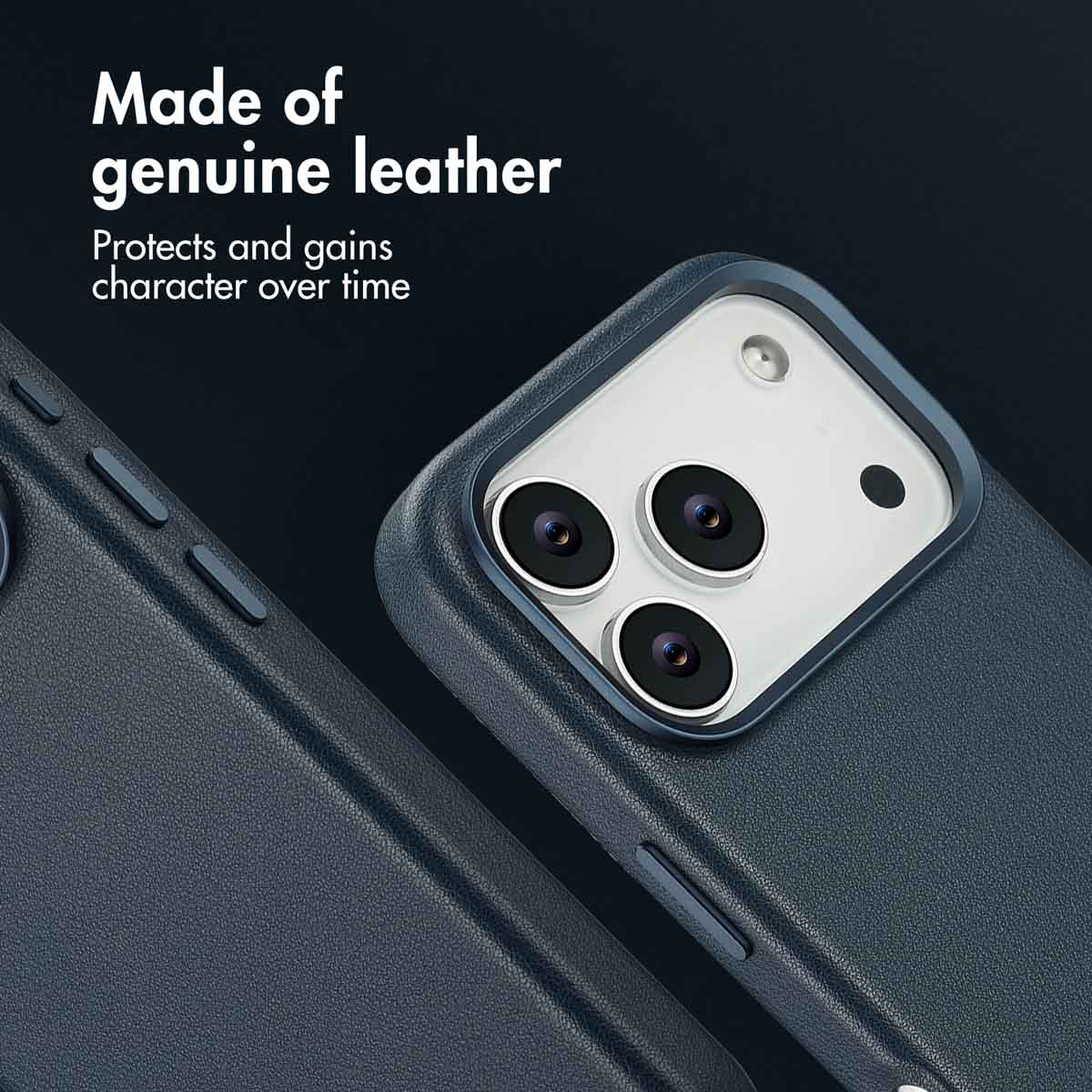 Funda de teléfono de cuero azul oscuro con triple lente y texto.