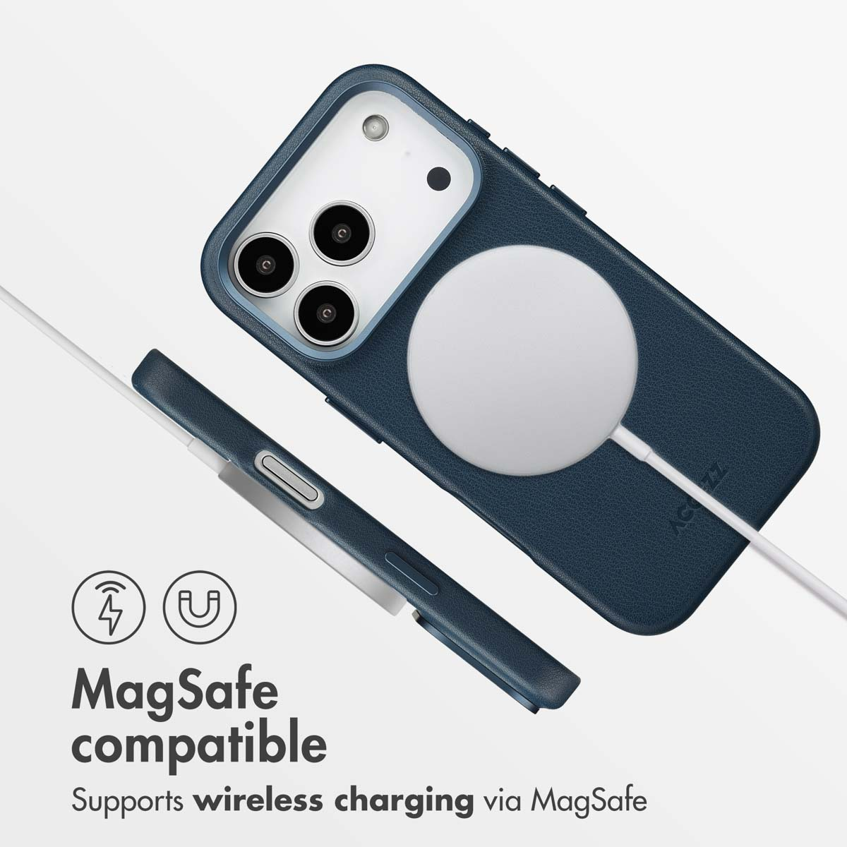 Fundas para teléfono azules con cargador MagSafe en la parte trasera, vista lateral y texto.
