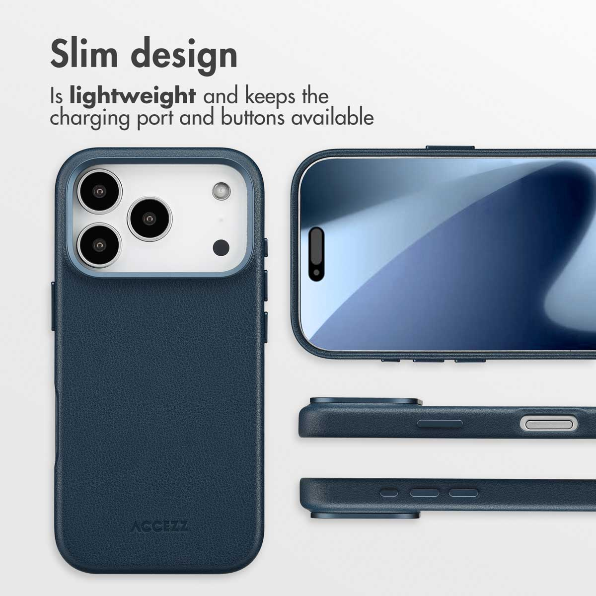Una funda de smartphone azul y delgada mostrada desde múltiples ángulos con texto sobre su diseño ligero.
