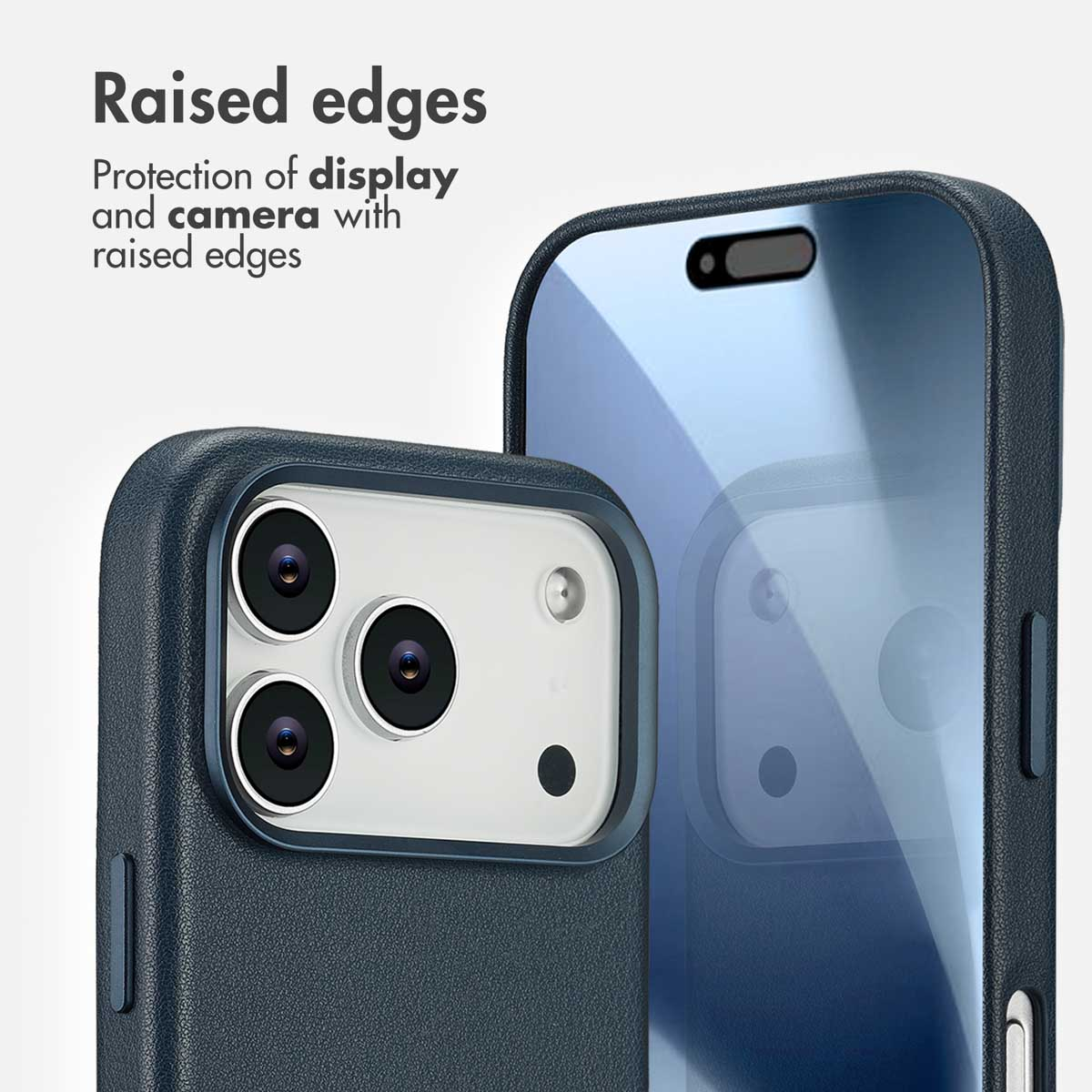 Smartphone en funda azul con bordes elevados para proteger pantalla y cámara.