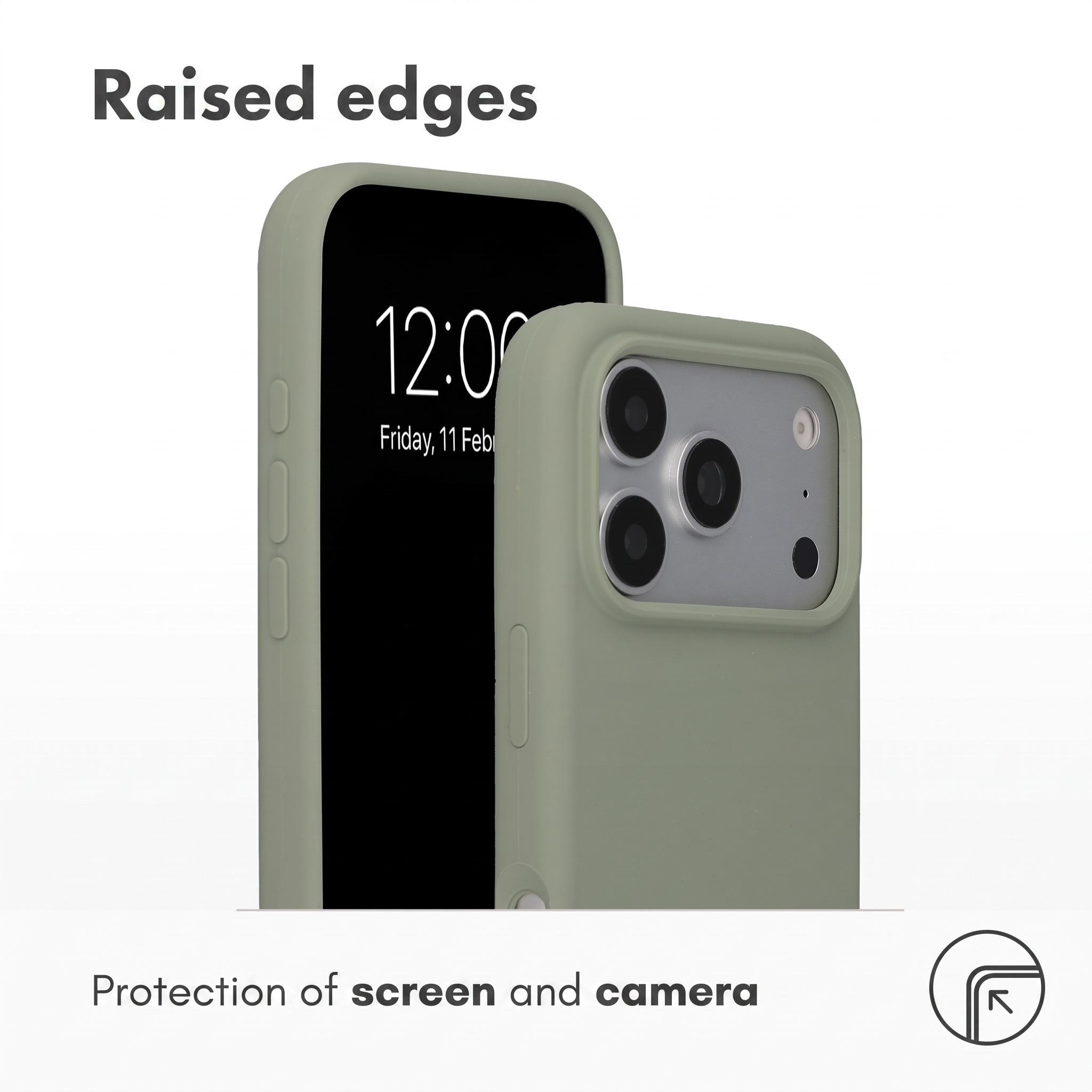 Coque de téléphone verte avec des bords surélevés pour la protection de l'écran et de l'appareil photo.