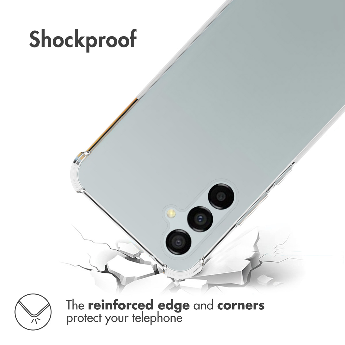 Une coque de téléphone antichoc transparente repose sur une surface blanche brisée.
