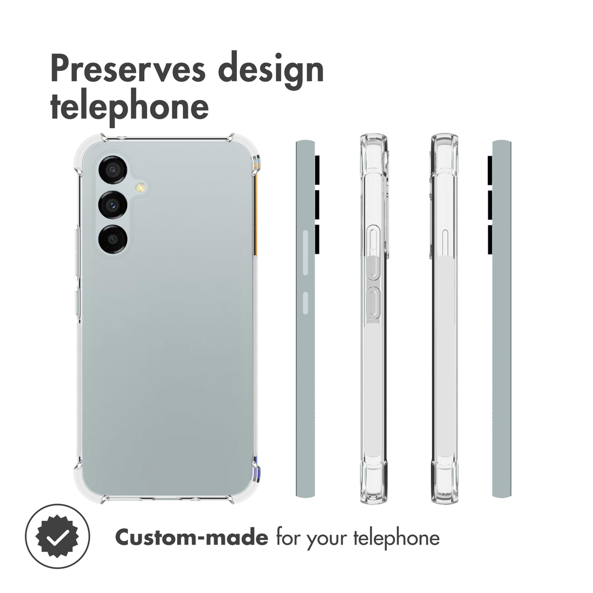 La coque de protection transparente montre l'arrière du téléphone et les côtés.