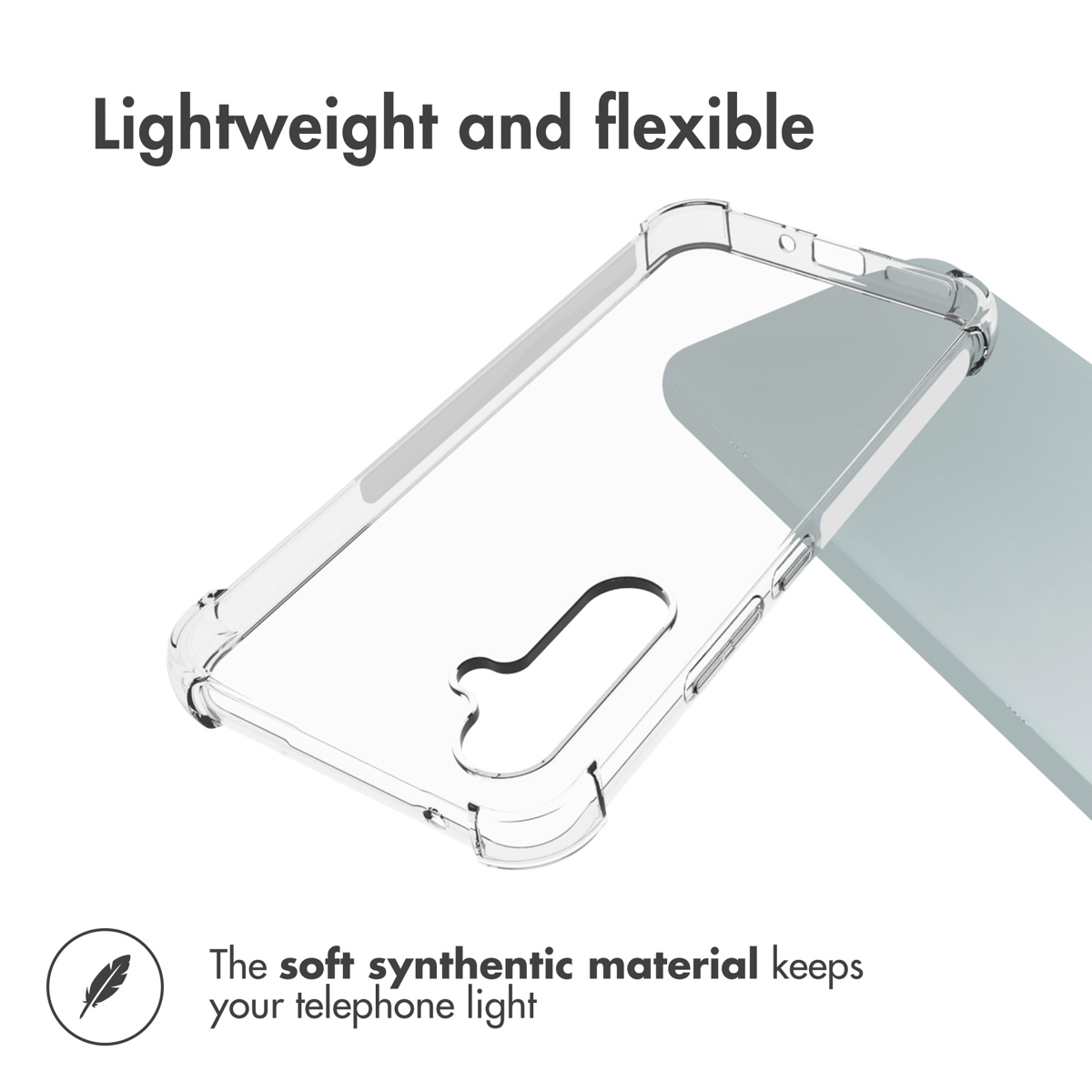 Coque de téléphone transparente, légère et flexible, affichée avec du texte.
