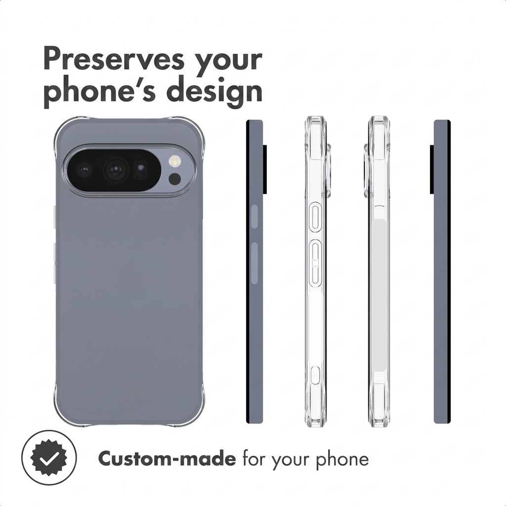 Funda transparente para teléfono mostrada desde múltiples ángulos sobre fondo blanco.