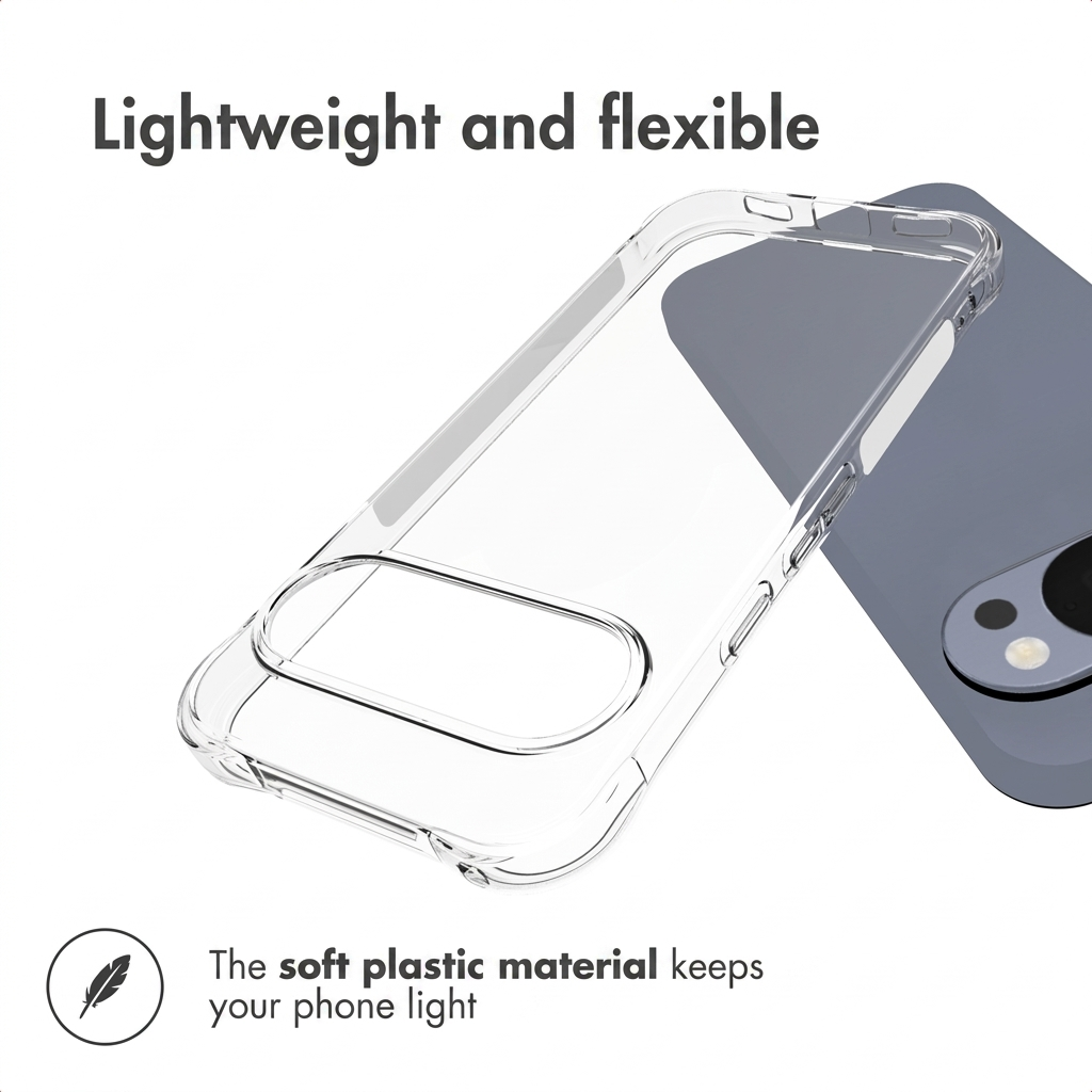 Funda de móvil transparente, ligera y flexible, junto a un smartphone gris, con texto.