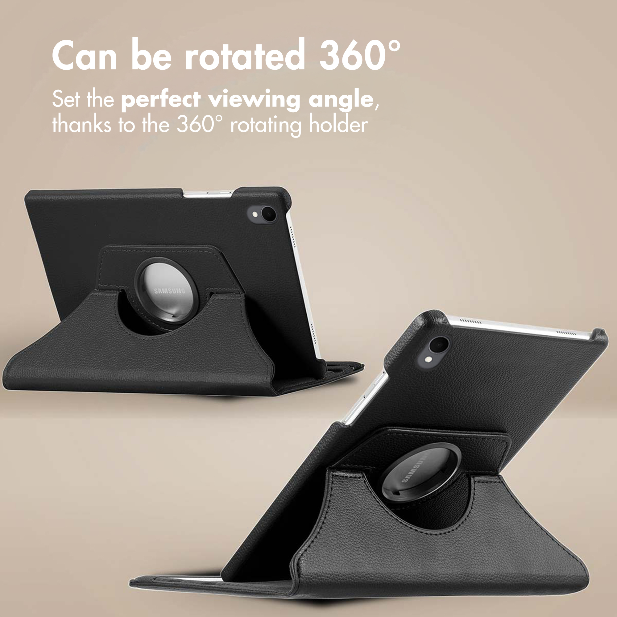 Two black tablet cases with 360-degree rotating stands on a beige background with promotional text.