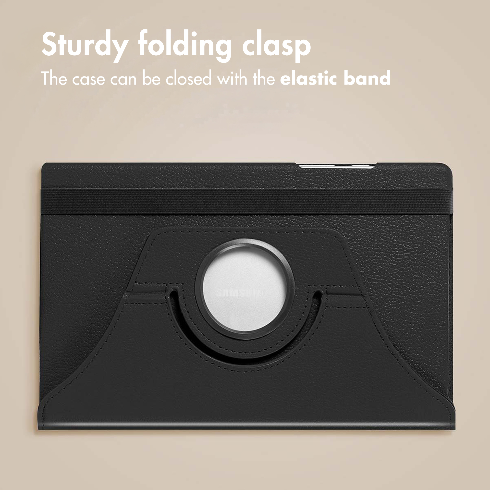 Black tablet case with an elastic band and a round logo in the center.
