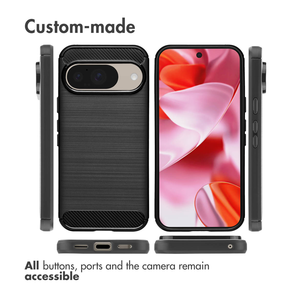 Custodia per smartphone nera mostrata da più angolazioni con testo che evidenzia il design personalizzato e le porte accessibili.