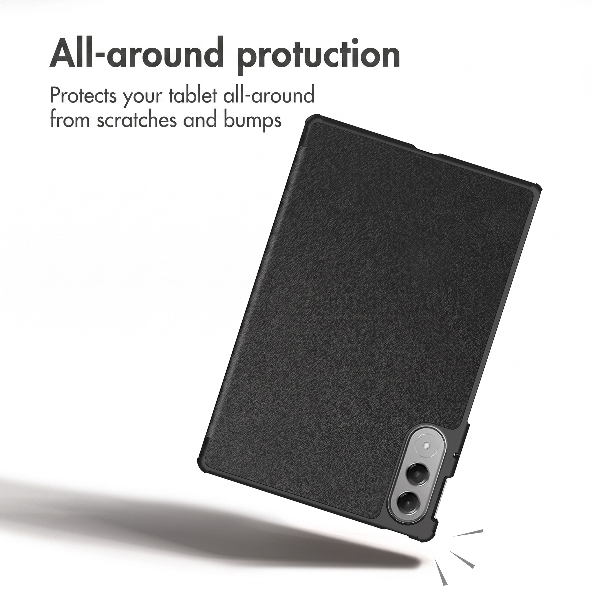 Black tablet case with camera cutout on a white background with English promotional text.