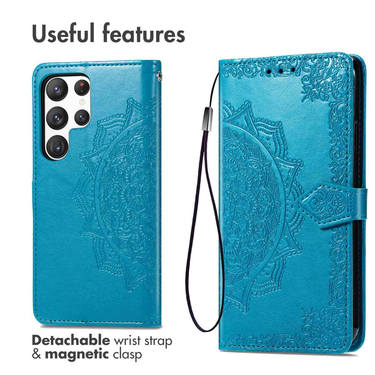 Étui de téléphone bleu en similicuir avec gaufrage mandala, dragonne et fermoir magnétique.
