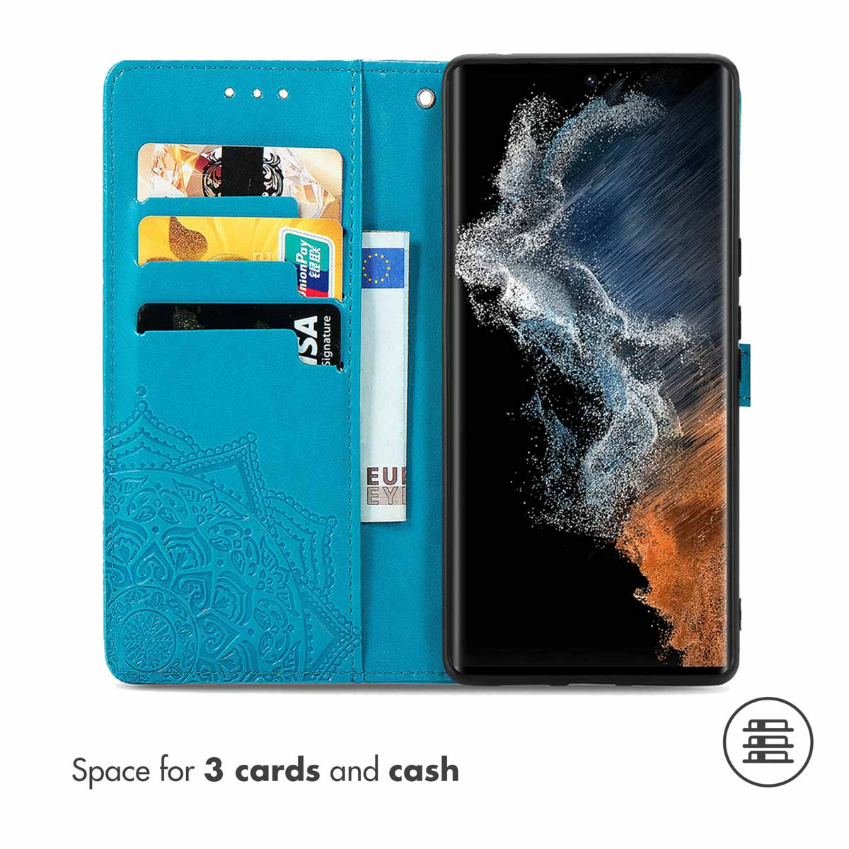 Étui portefeuille bleu avec mandala en relief, fentes pour cartes et smartphone.
