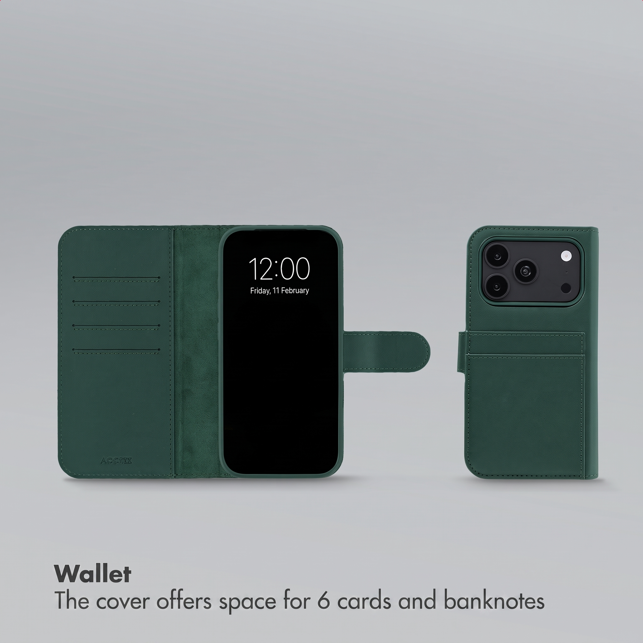 Funda de cuero verde para móvil con tarjetero, abierta y cerrada, sobre fondo gris.