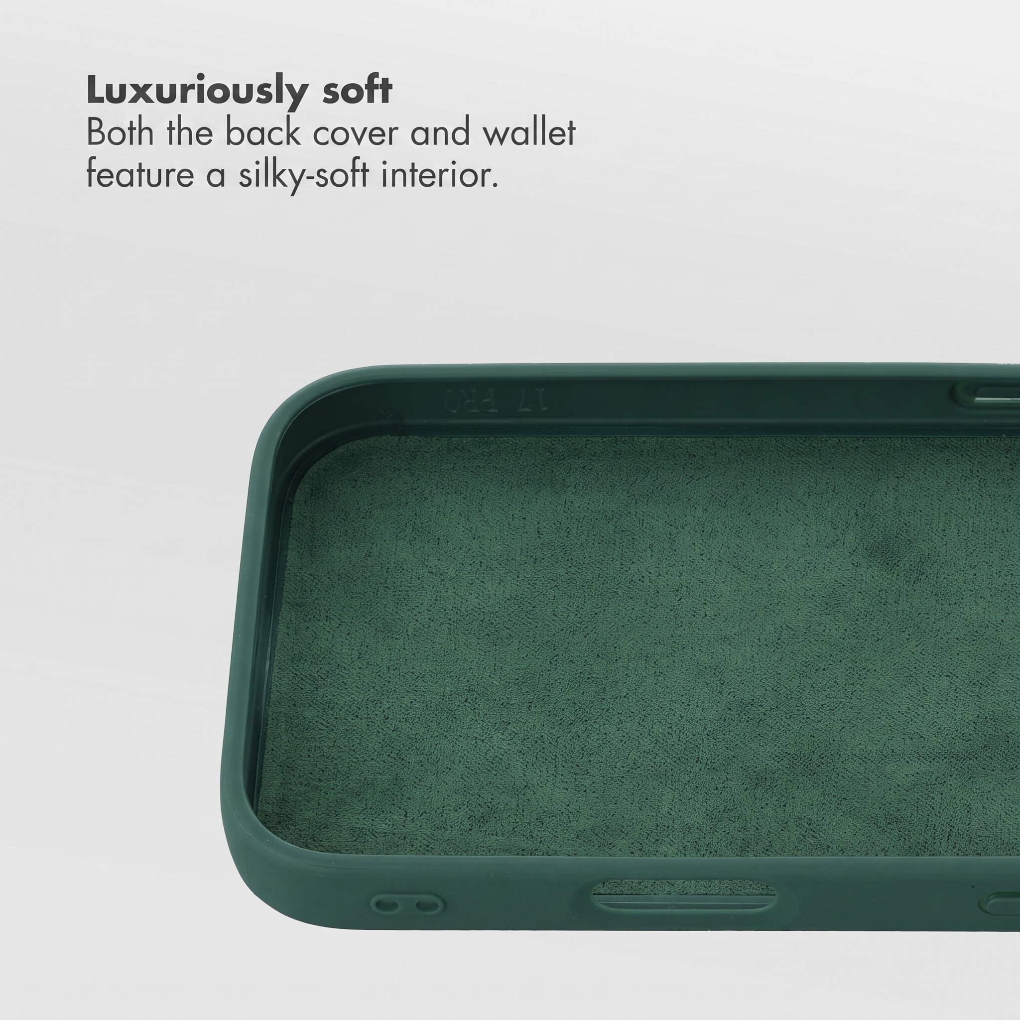 Interior de funda de móvil verde oscuro con forro suave y texto sobre suavidad lujosa en fondo claro.