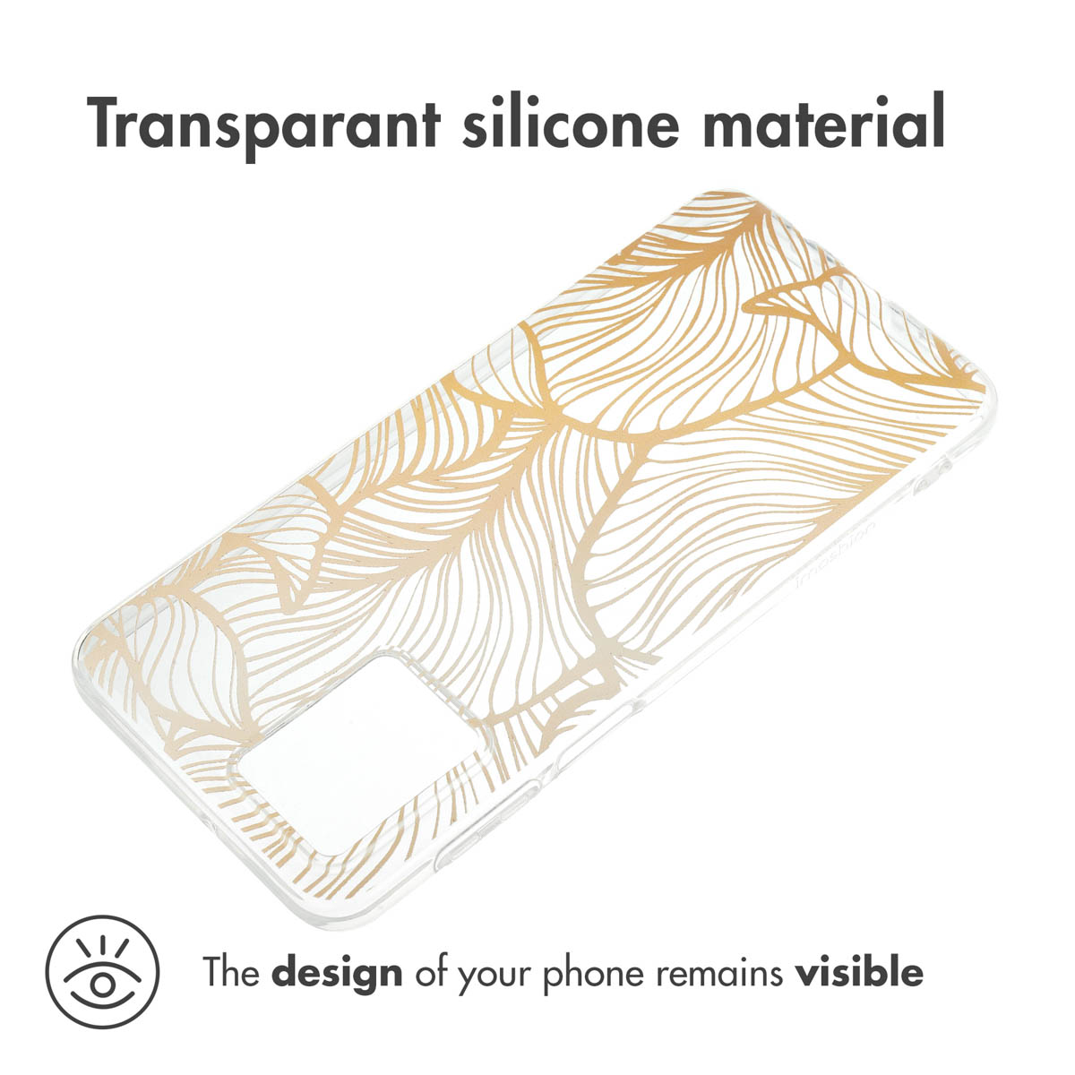 Custodia per telefono in silicone trasparente con motivo a foglie d'oro e testo.