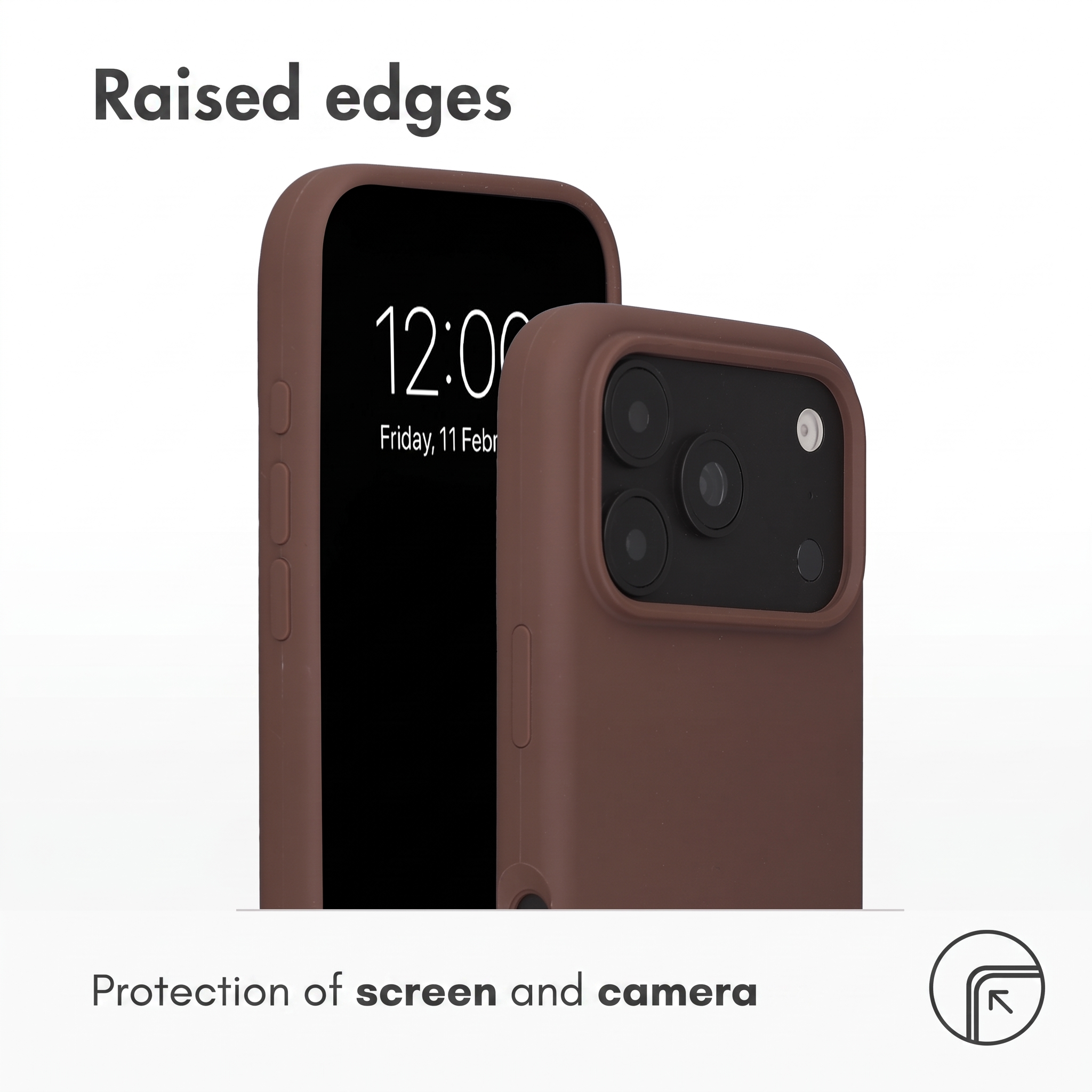 Twee bruine telefoonhoesjes tonen verhoogde randen voor scherm- en camerabescherming.
