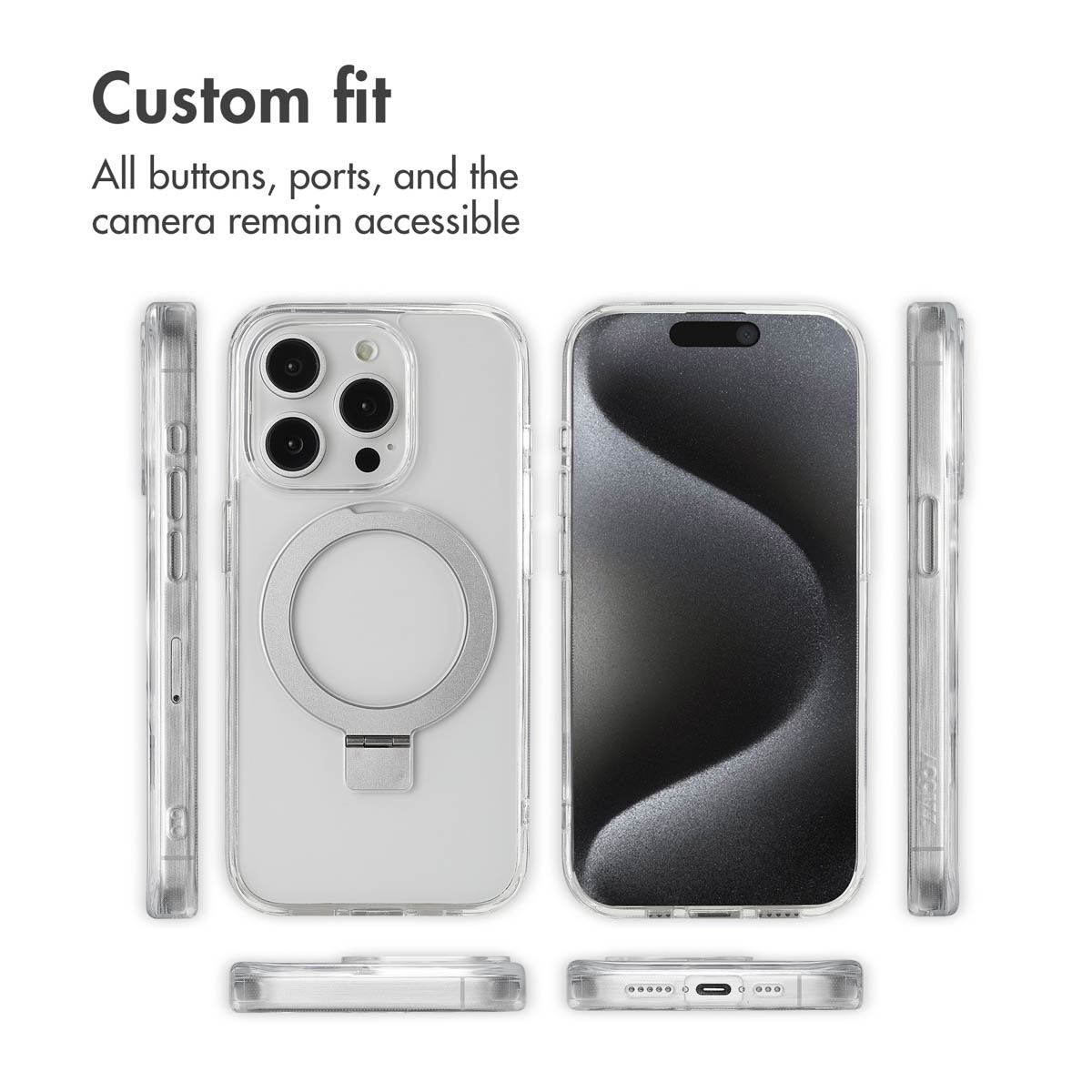 Cover trasparente per iPhone con supporto ad anello magnetico, mostrata da più angolazioni.