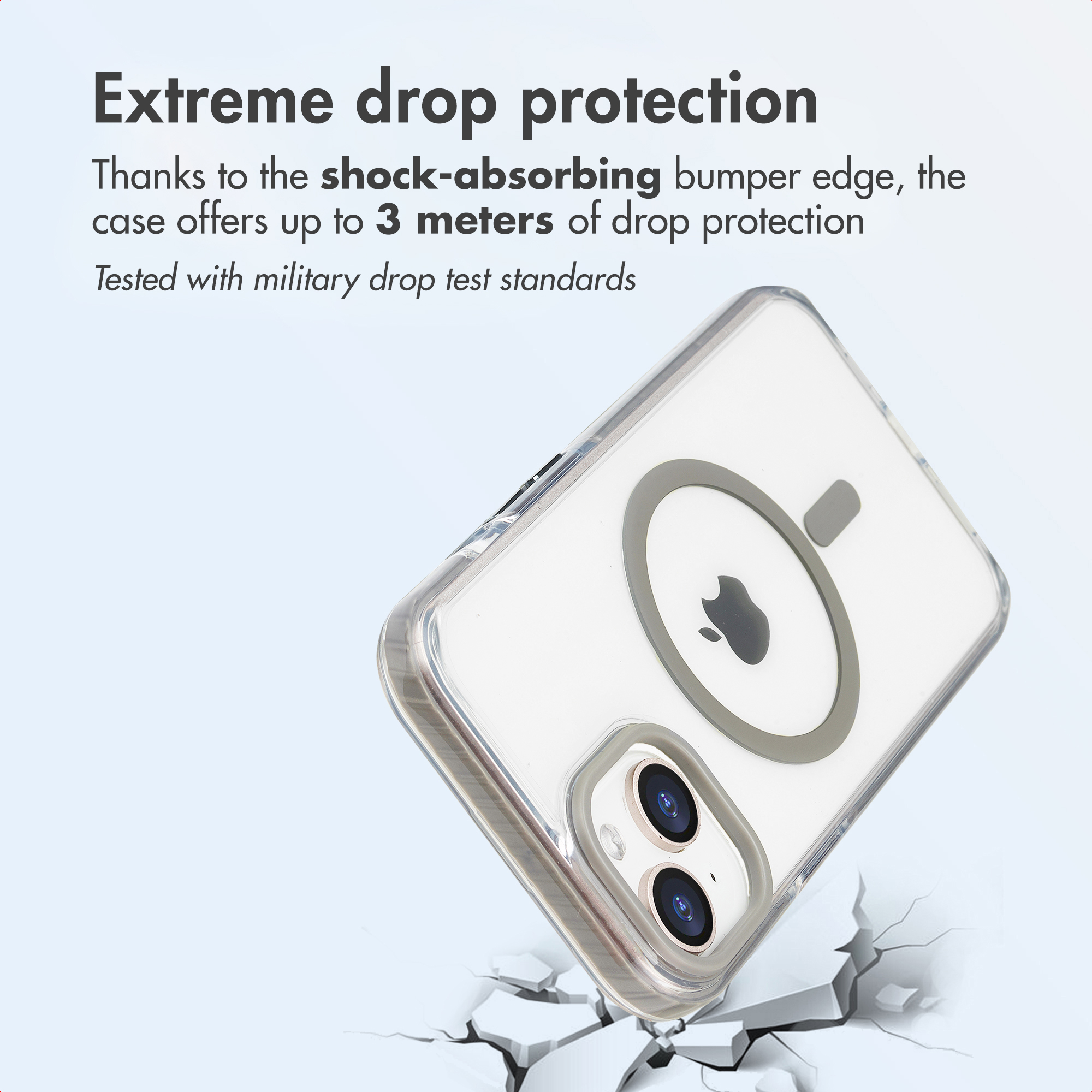 Een helder hoesje met MagSafe-ring boven gebarsten grond, met tekst over valbescherming.