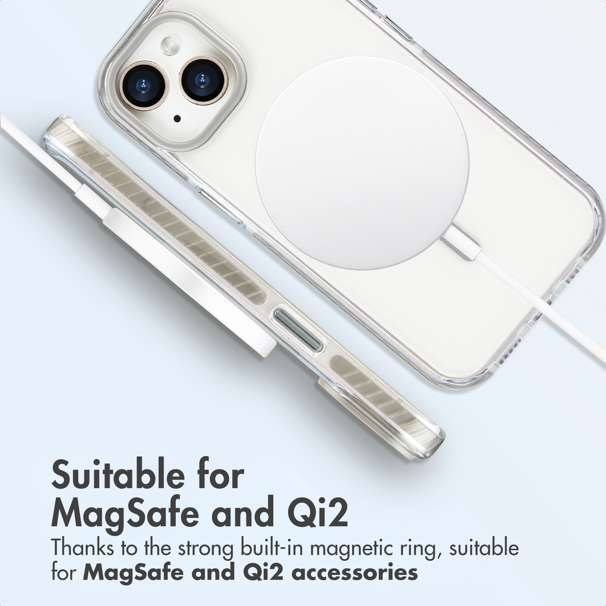Telefoonhoesje geschikt voor MagSafe en Qi2 op een lichte achtergrond.