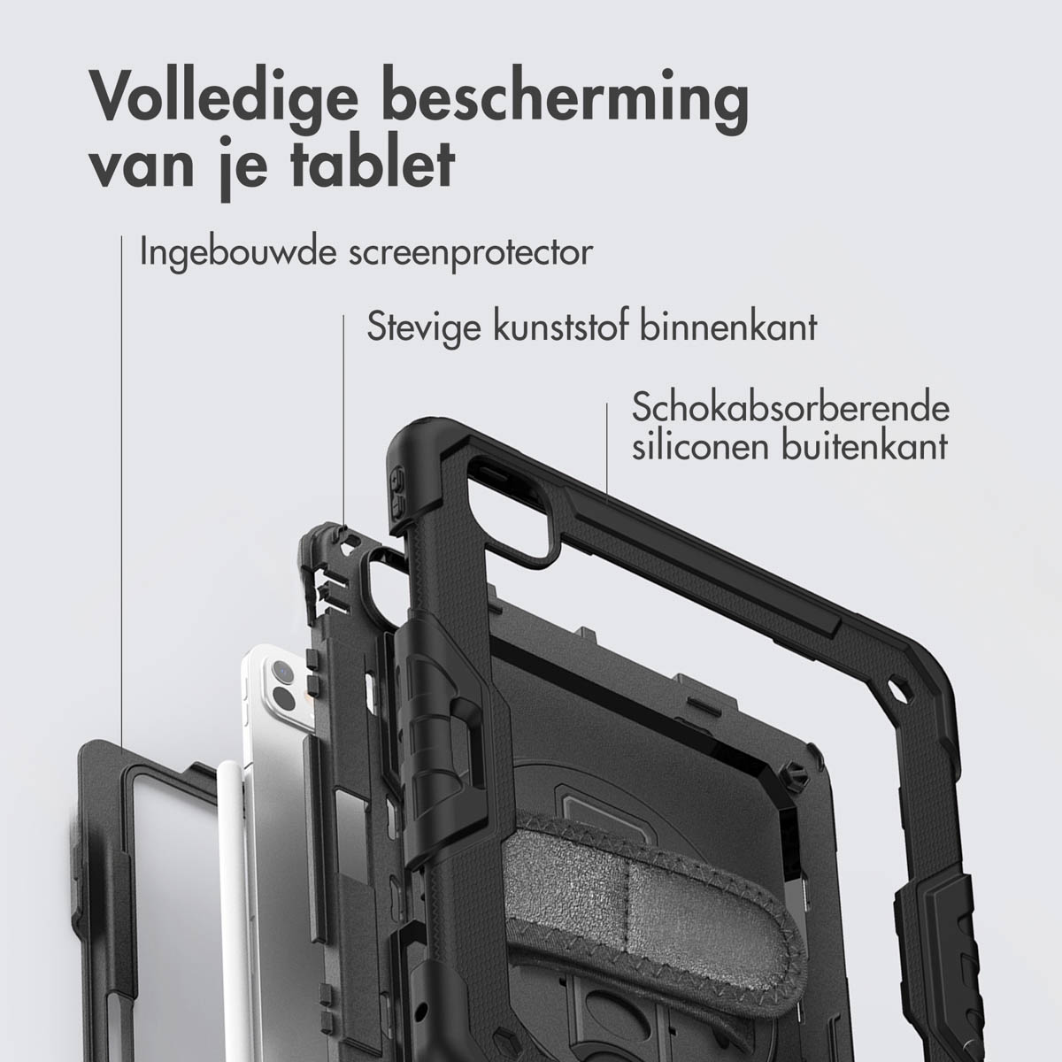 Vista esplosa di una robusta custodia nera per tablet con protezione integrata.