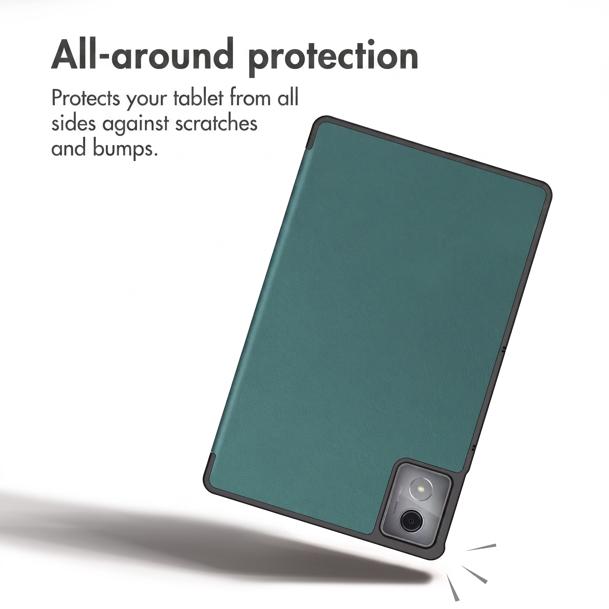 Une tablette verte dans une coque de protection sur fond blanc avec du texte.