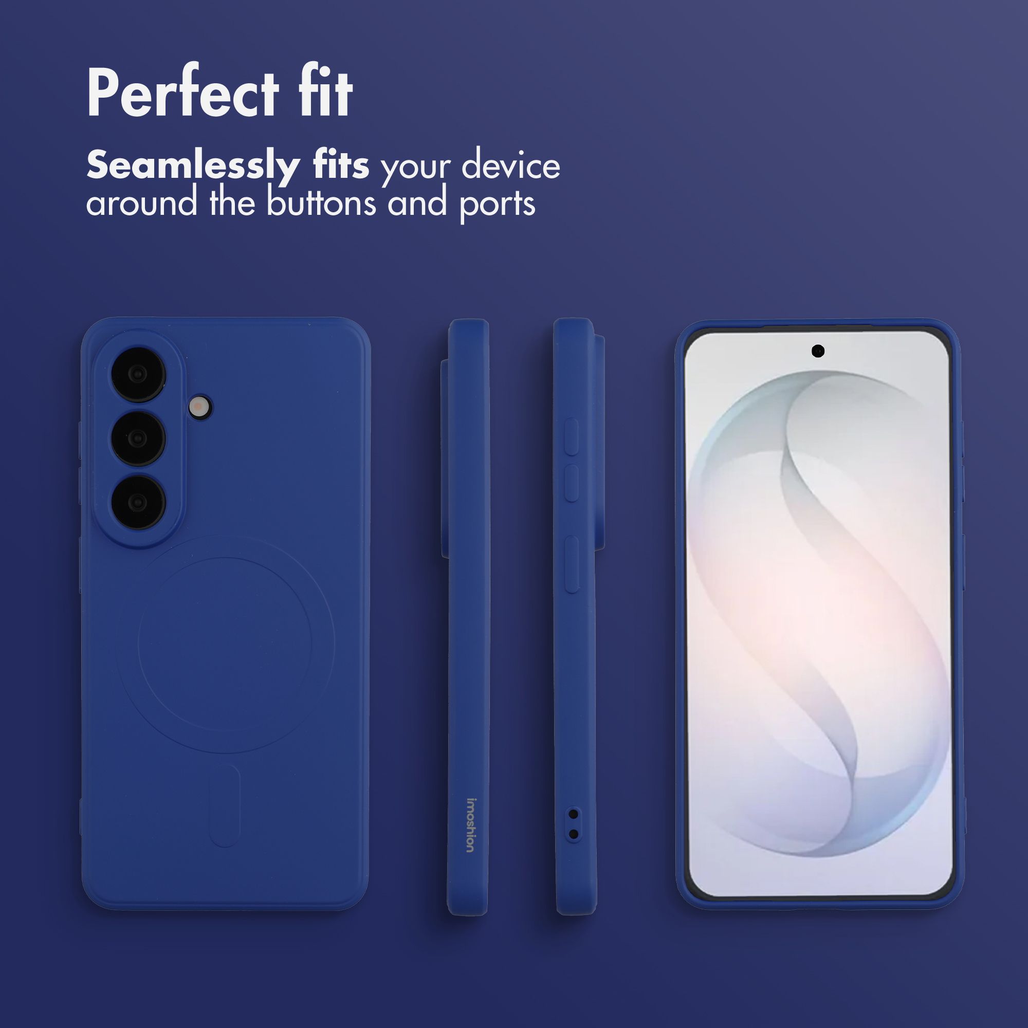 Cover per telefono blu mostrata da più angolazioni su sfondo scuro.