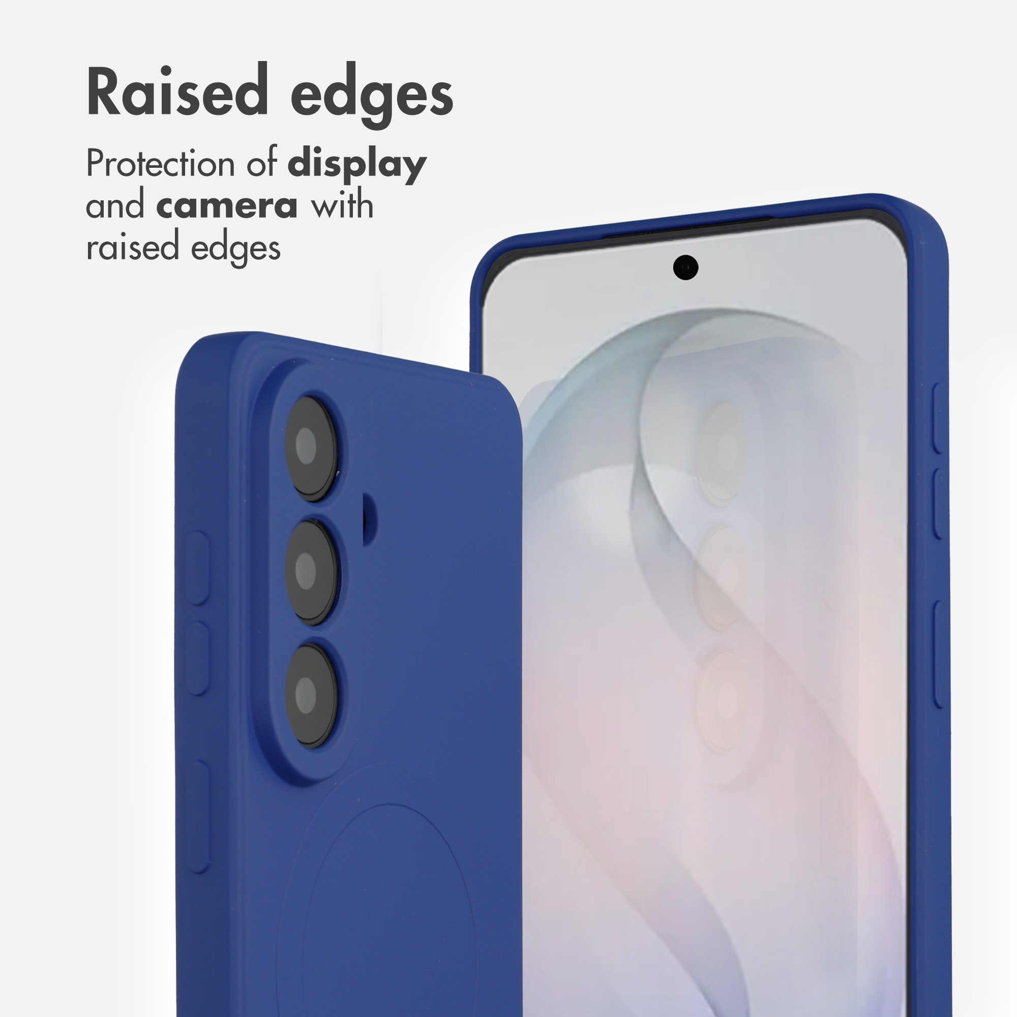 Uno smartphone blu in una custodia protettiva con bordi rialzati per display e fotocamera.
